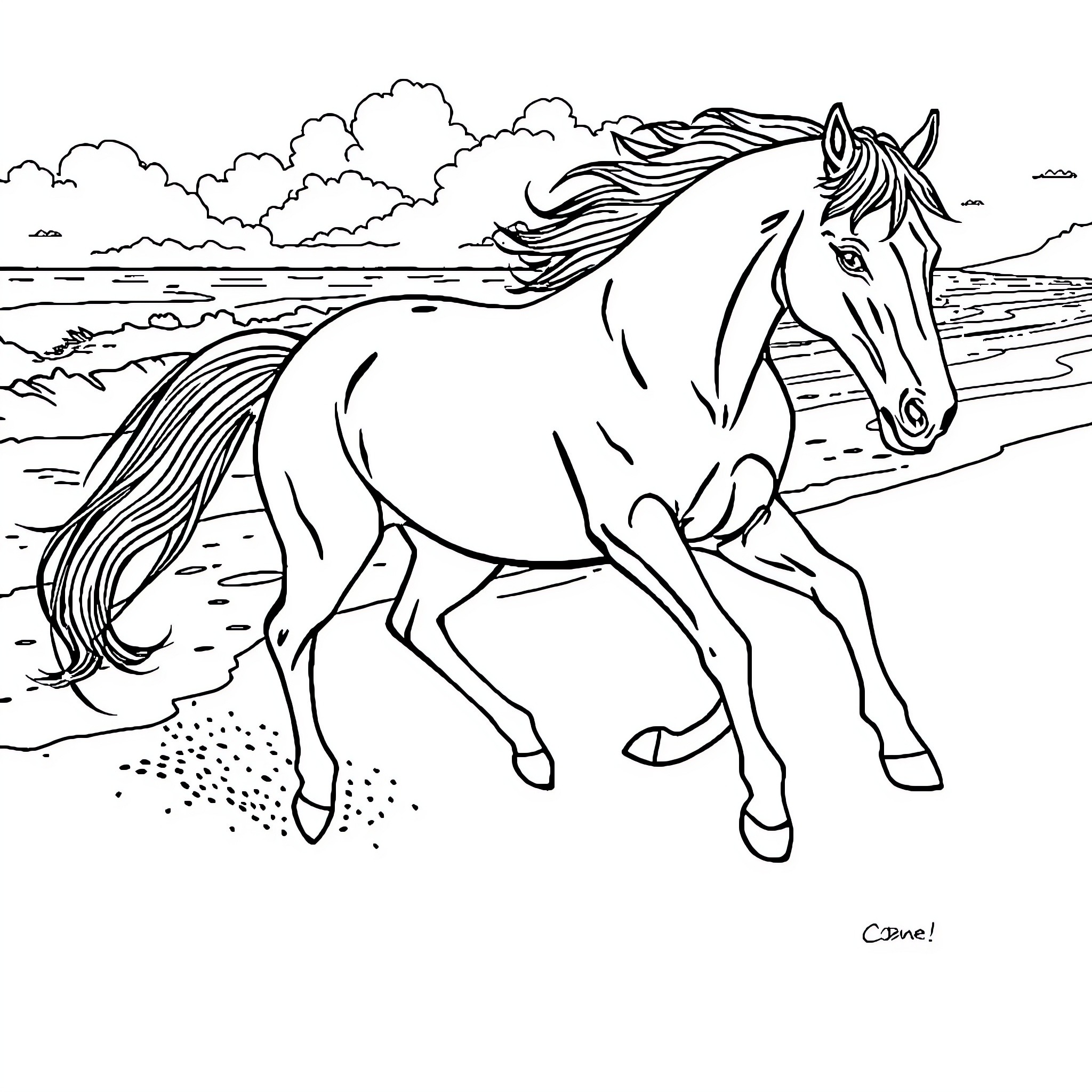 Horse galloping along the beach Coloring Page (free black-and-white line drawing printable PDF for all, from beginners to advanced learners, including children, teens, adults, and seniors)