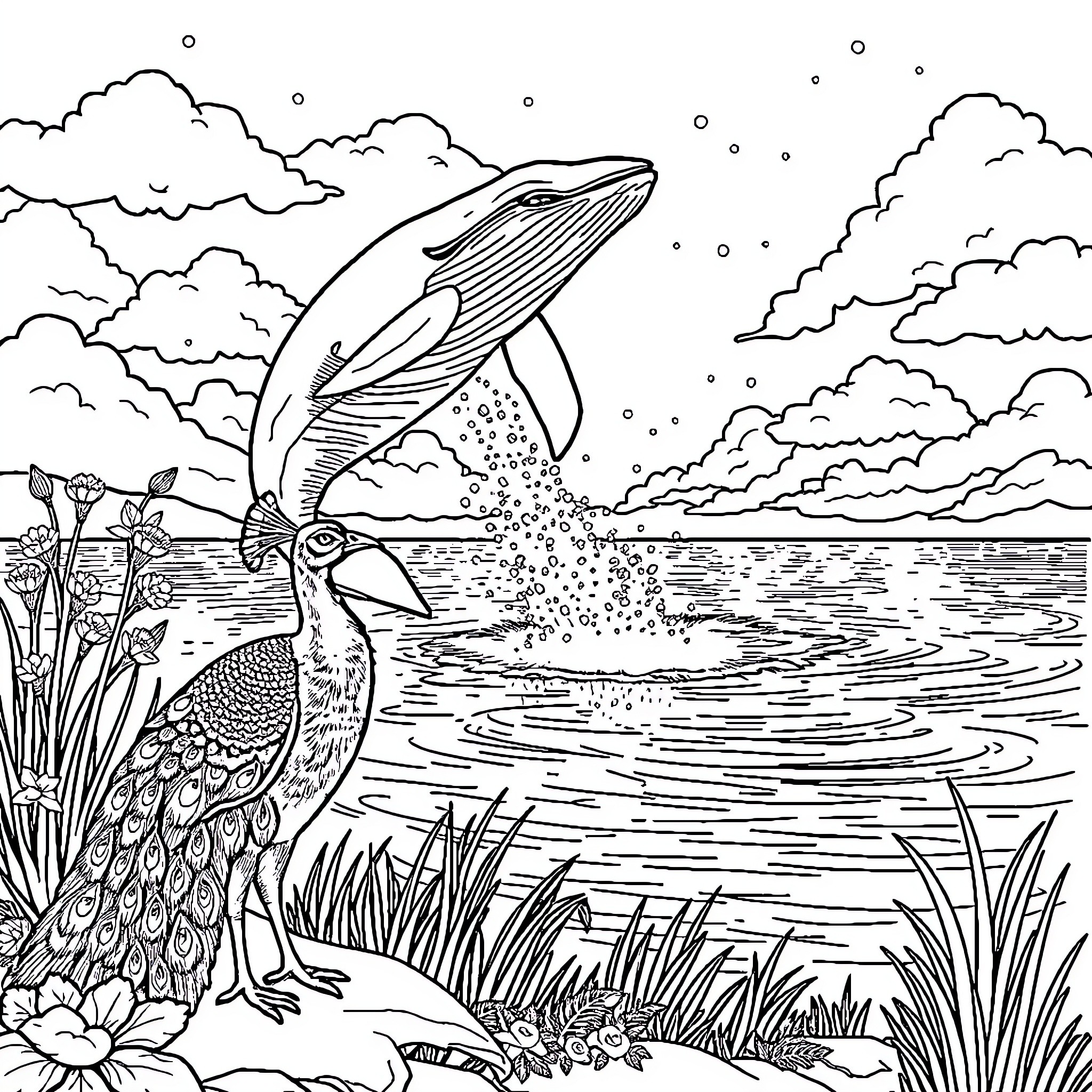 Peacock Diving into a Serene Pond Coloring Page (free black-and-white line drawing printable PDF for all, from beginners to advanced learners, including children, teens, adults, and seniors)