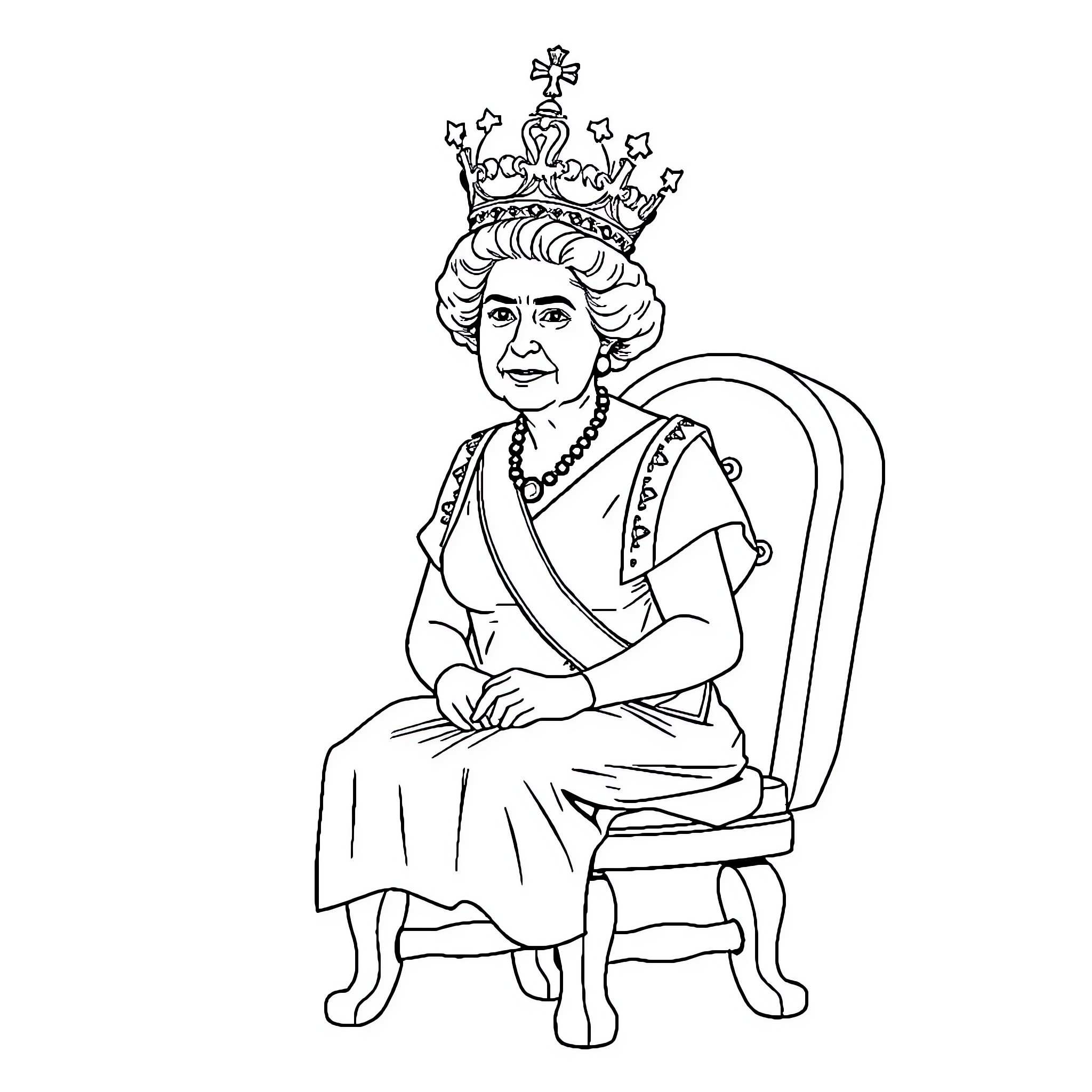 Queen sitting regally on throne Coloring Page (free black-and-white line drawing printable PDF for all, from beginners to advanced learners, including children, teens, adults, and seniors)