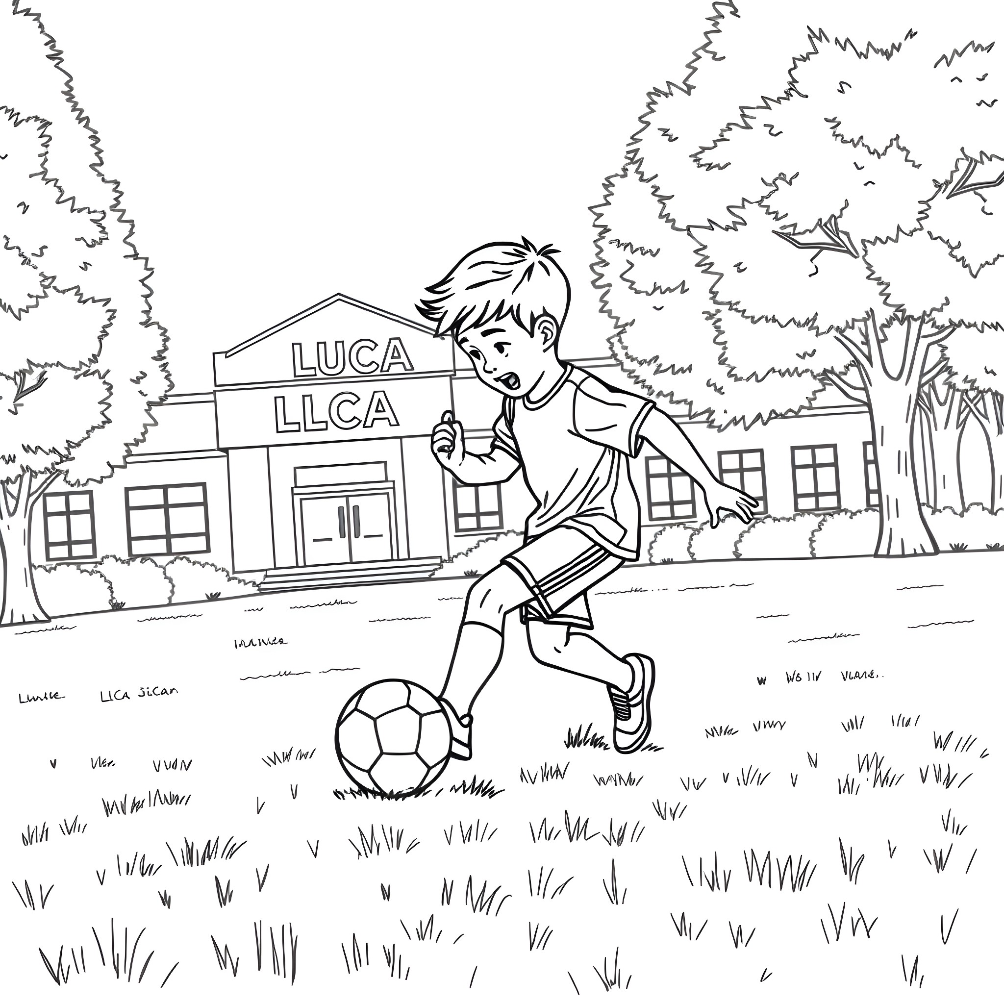 Child playing soccer in front of school Coloring Page (free black-and-white line drawing printable PDF for all, from beginners to advanced learners, including children, teens, adults, and seniors)