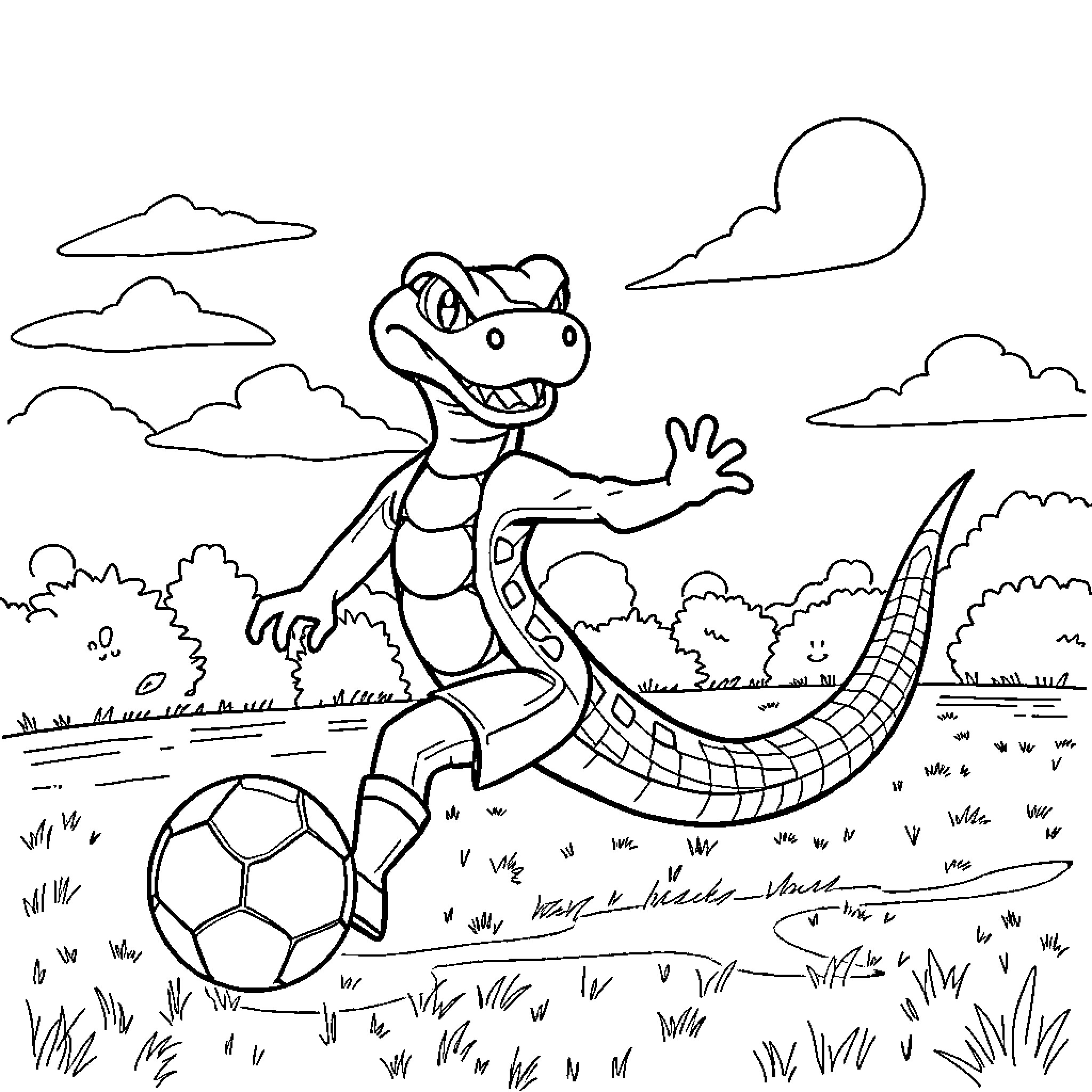 Rattler playing soccer in the outdoors Coloring Page (free black-and-white line drawing printable PDF for all, from beginners to advanced learners, including children, teens, adults, and seniors)