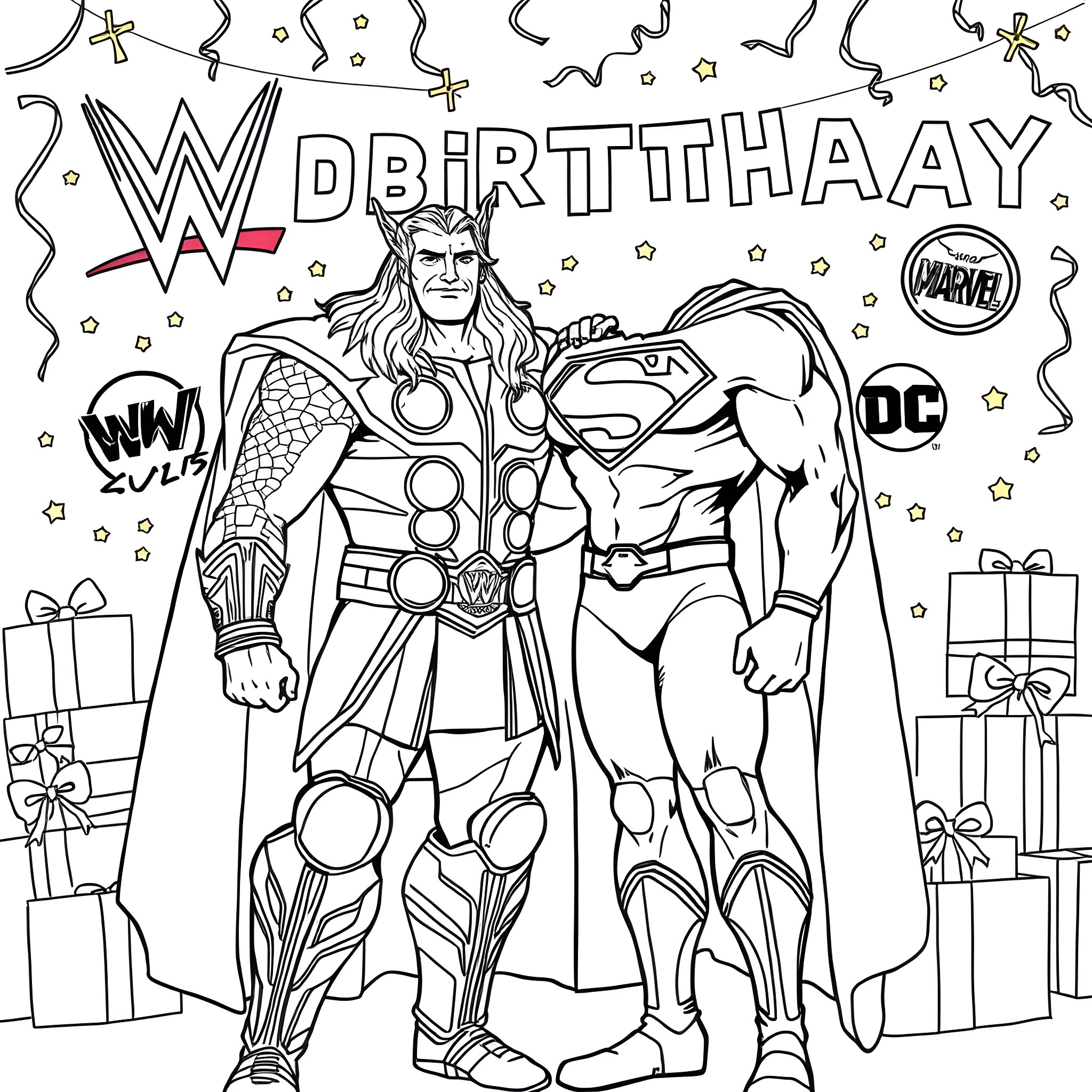 Thor and Superman's Superhero Birthday Celebration Coloring Page (free black-and-white line drawing printable PDF for all, from beginners to advanced learners, including children, teens, adults, and seniors)