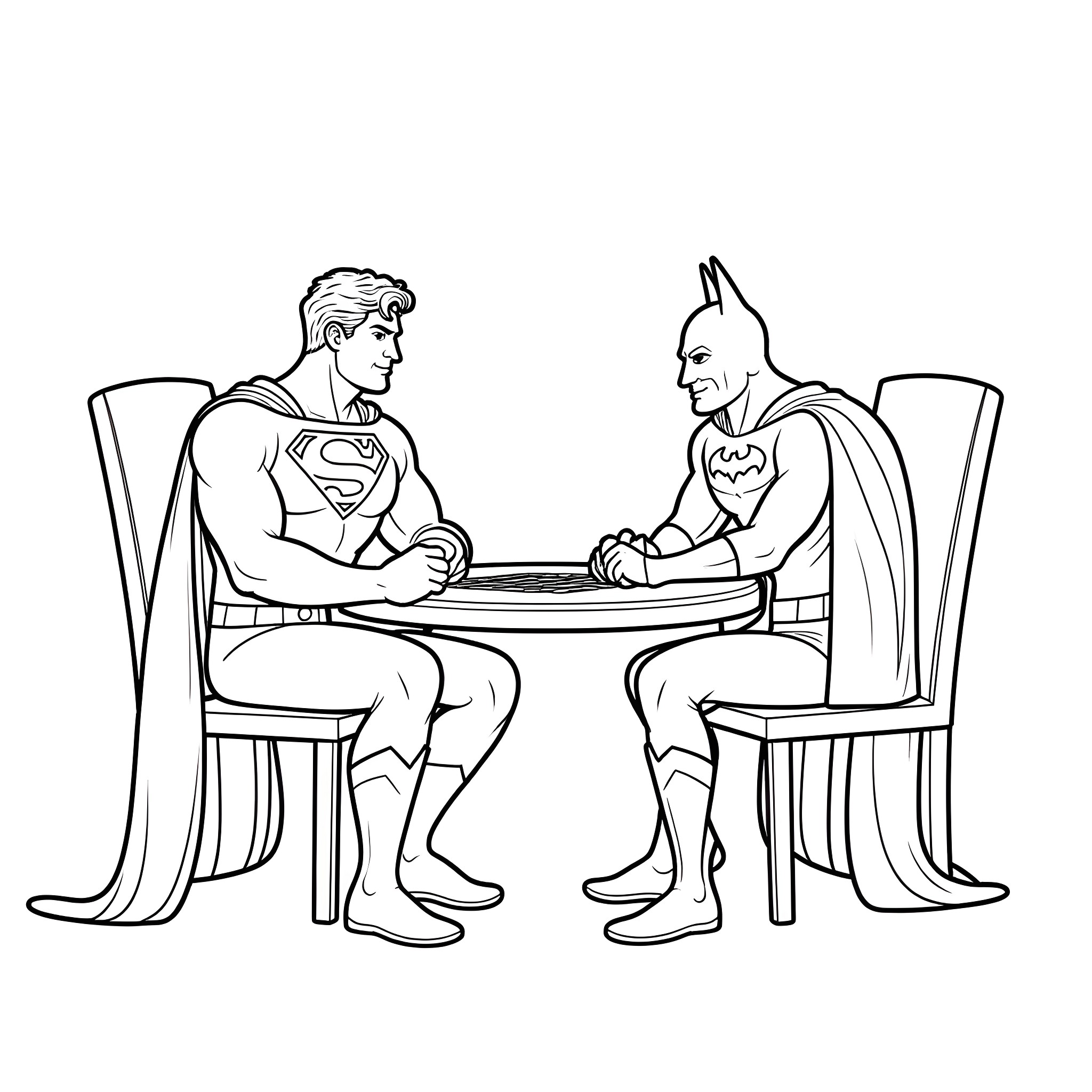 Superman and Batman engage in discussion Coloring Page (free black-and-white line drawing printable PDF for all, from beginners to advanced learners, including children, teens, adults, and seniors)