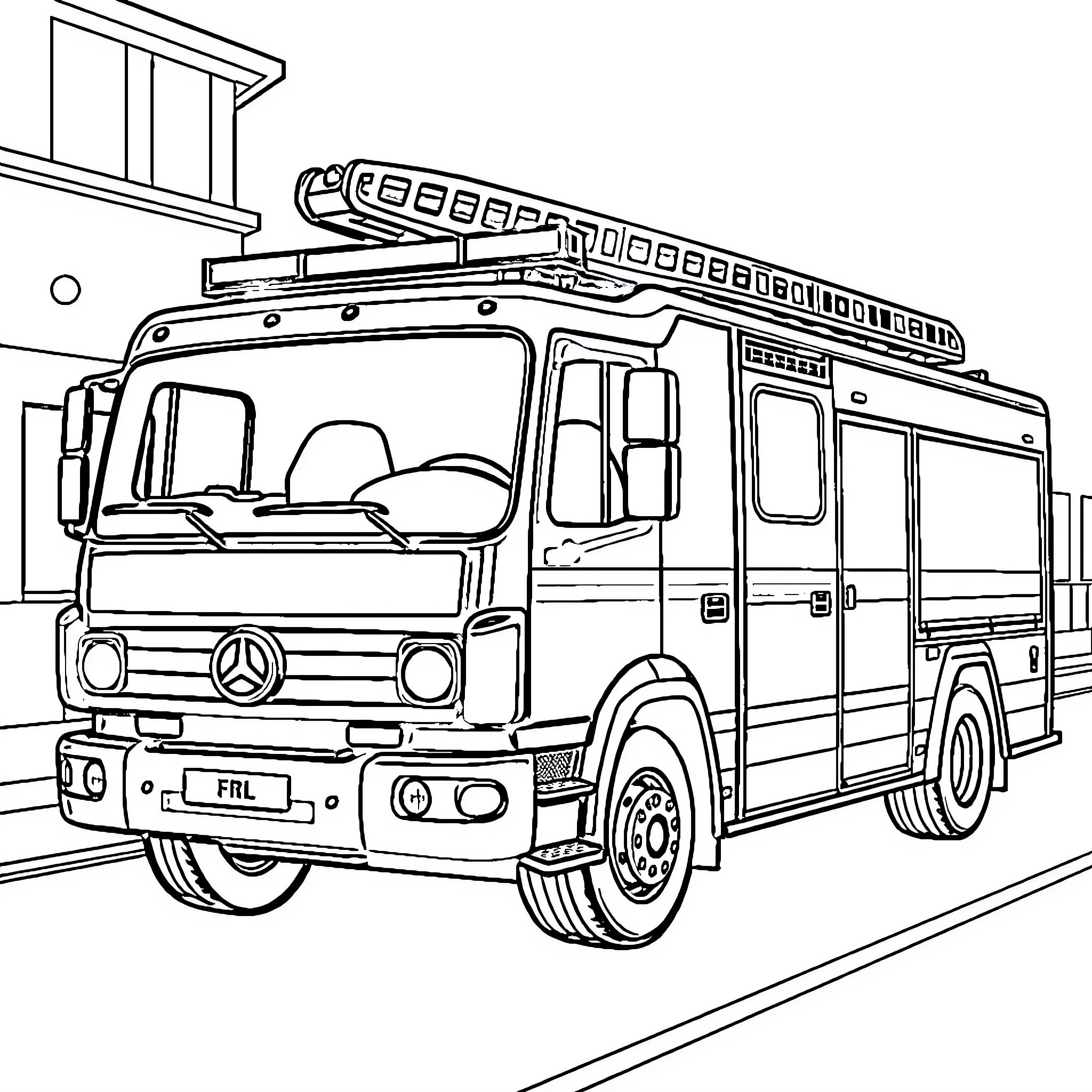 Fire Truck Responding to Emergency with Siren and Lights Coloring Page (free black-and-white line drawing printable PDF for all, from beginners to advanced learners, including children, teens, adults, and seniors)