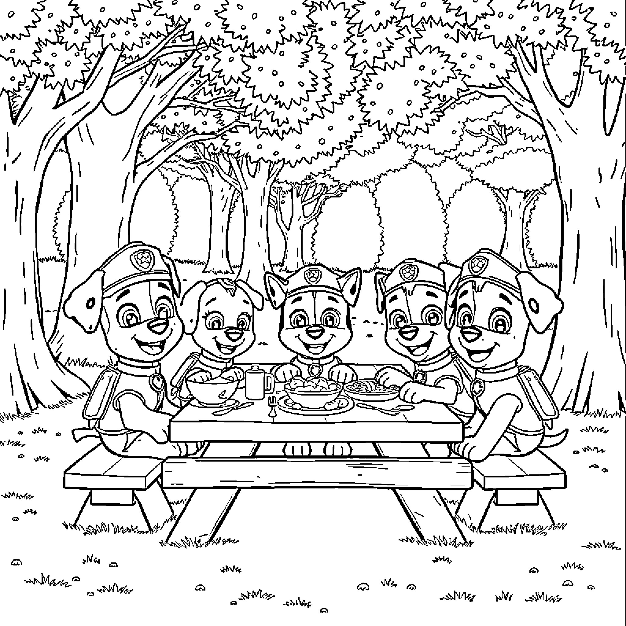 Paw Patrol Puppies Enjoying a Picnic in the Woods Coloring Page (free black-and-white line drawing printable PDF for all, from beginners to advanced learners, including children, teens, adults, and seniors)