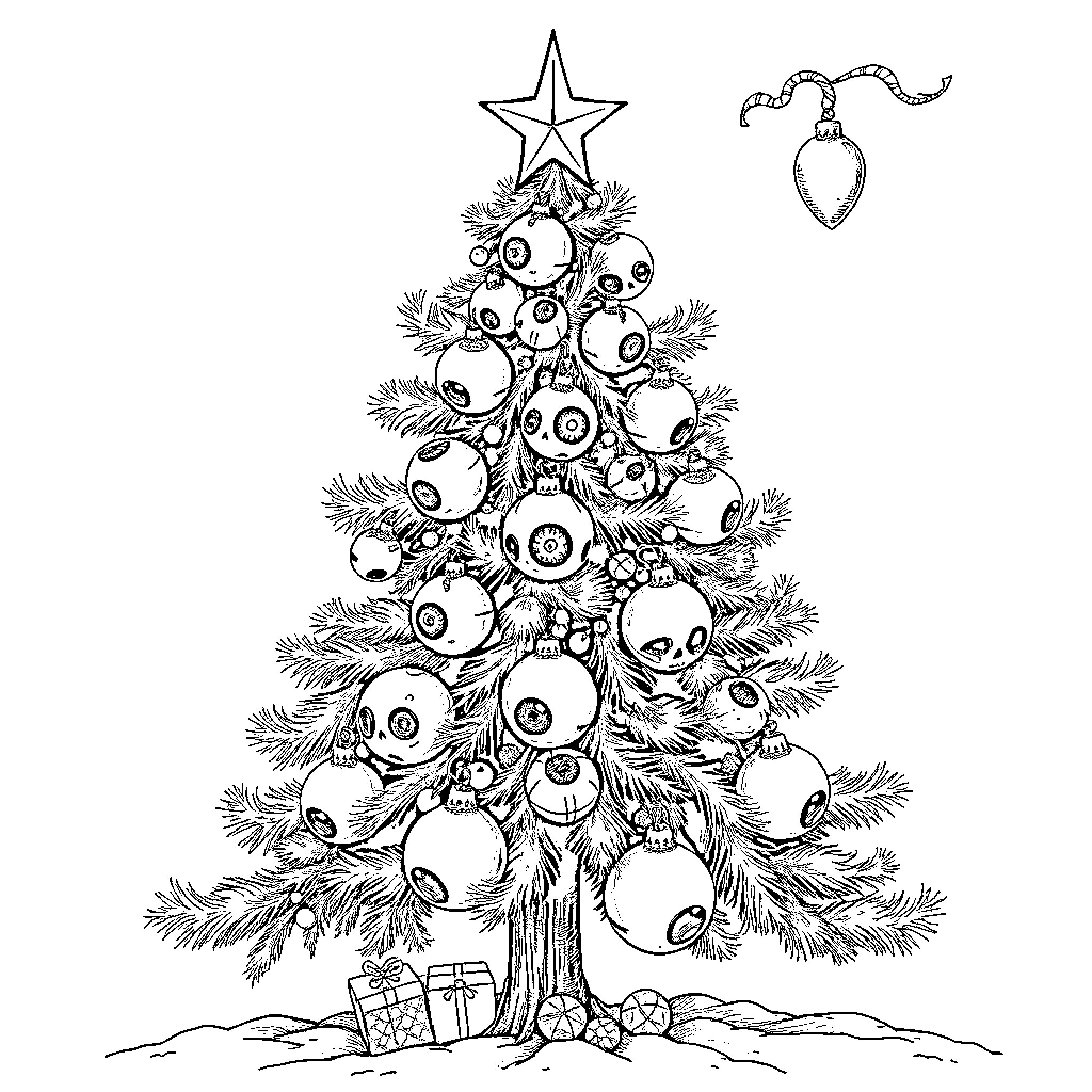 Eyeball-filled Christmas tree with star and ornaments Coloring Page (free black-and-white line drawing printable PDF for all, from beginners to advanced learners, including children, teens, adults, and seniors)