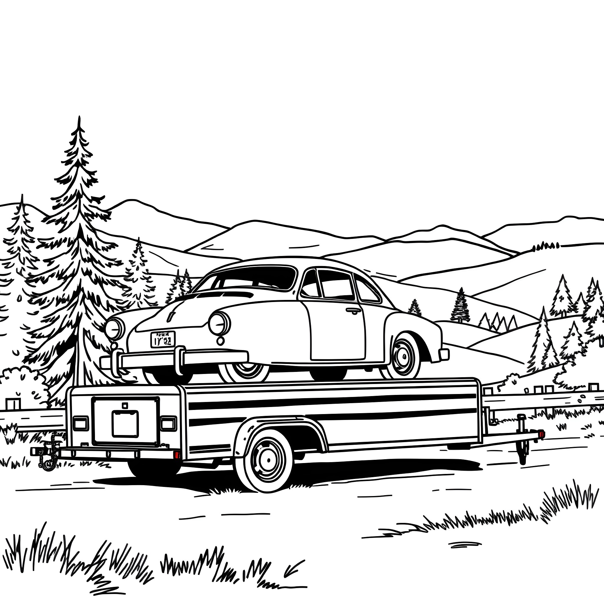 Car towed on a flatbed trailer in a rural landscape Coloring Page (free black-and-white line drawing printable PDF for all, from beginners to advanced learners, including children, teens, adults, and seniors)