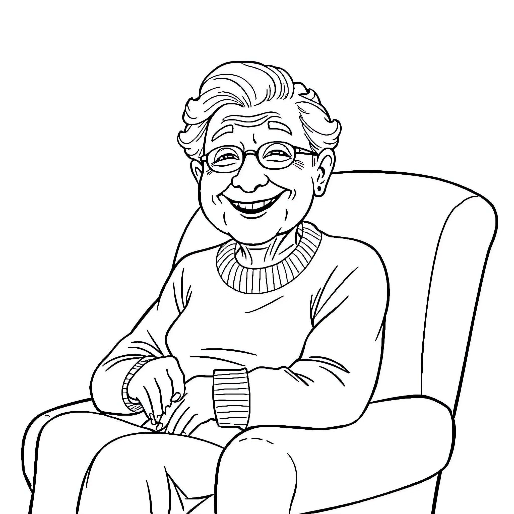 Grandparent smiling in armchair Coloring Page (free black-and-white line drawing printable PDF for all, from beginners to advanced learners, including children, teens, adults, and seniors)
