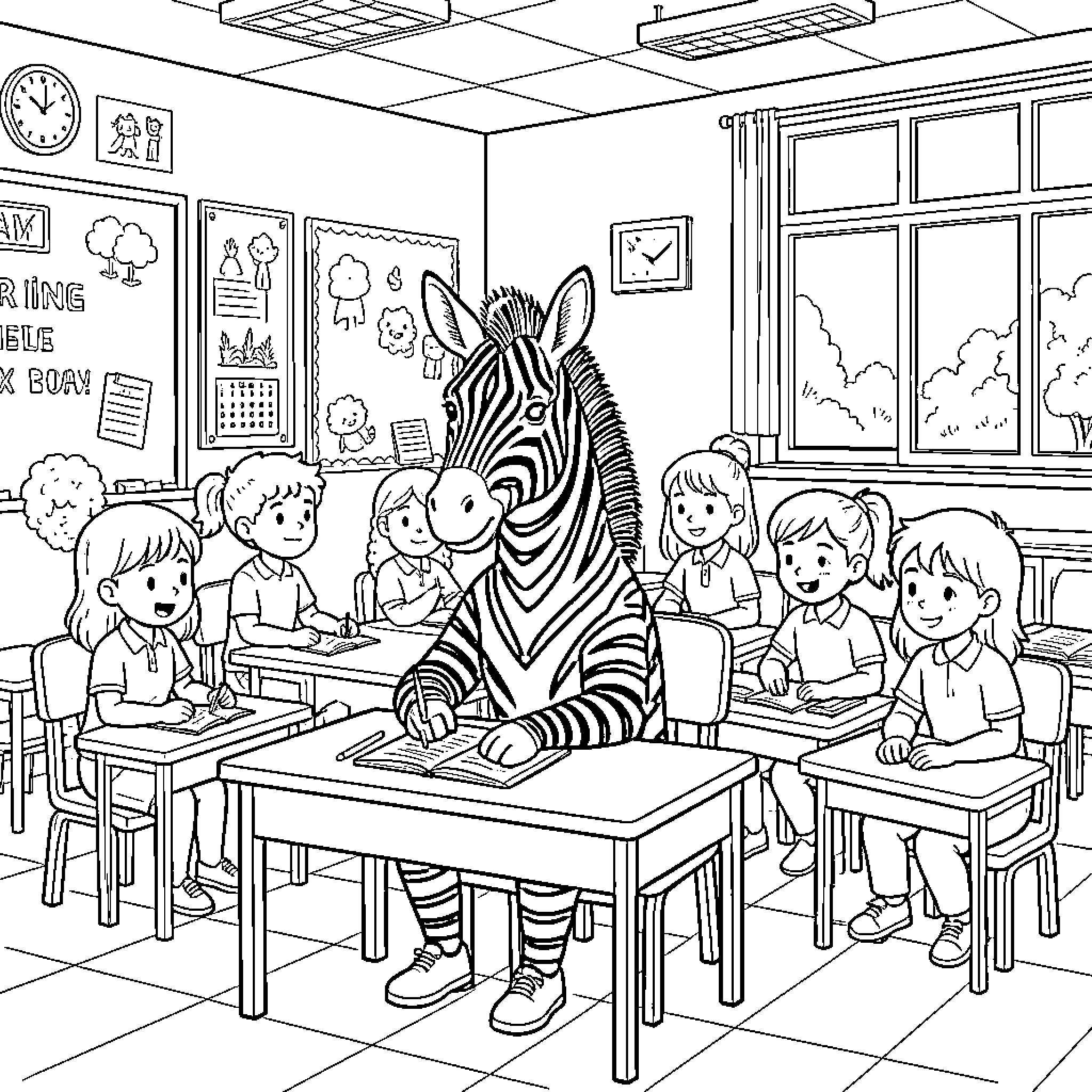 Zebra sitting at a desk studying in a classroom Coloring Page (free black-and-white line drawing printable PDF for all, from beginners to advanced learners, including children, teens, adults, and seniors)