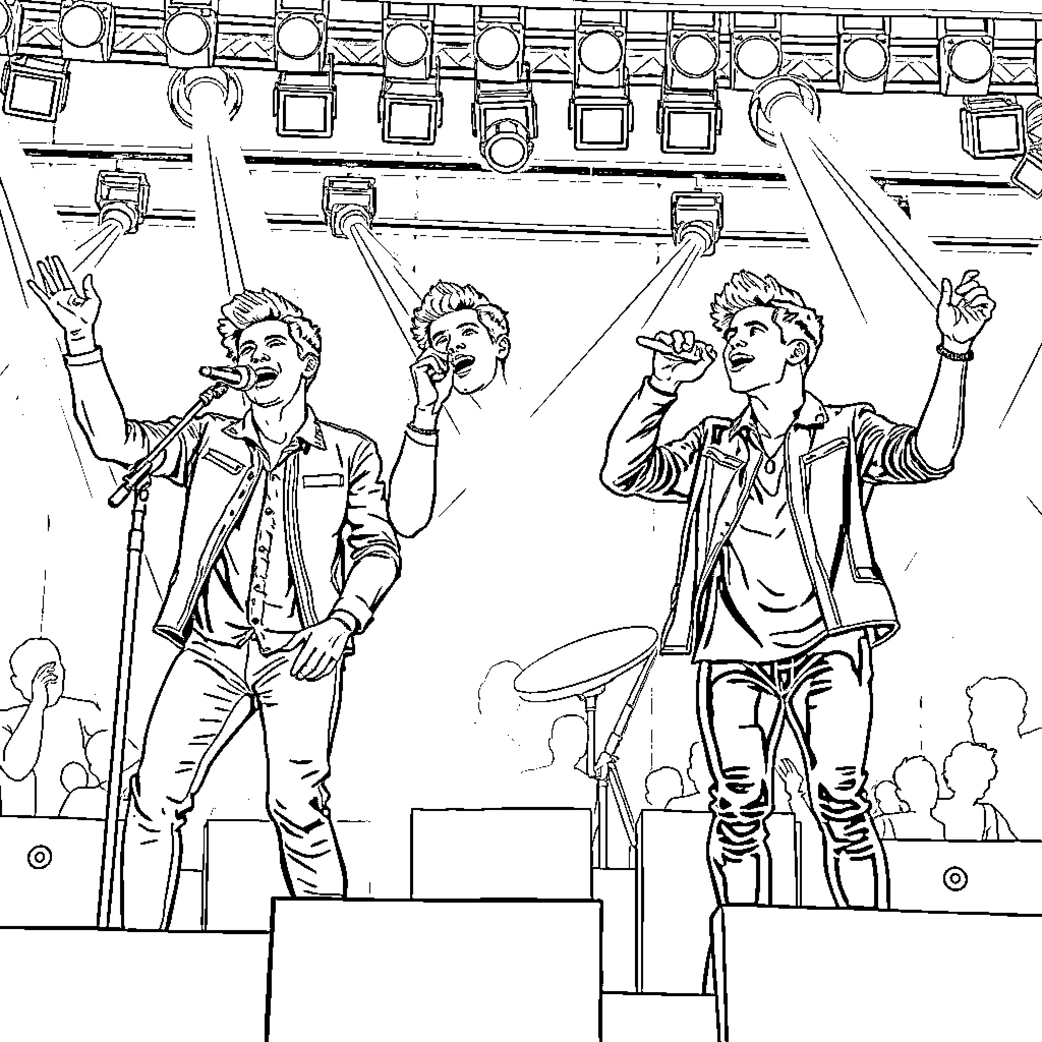 Jonas Brothers Performing on Stage with Energy and Enthusiasm Coloring Page (free black-and-white line drawing printable PDF for all, from beginners to advanced learners, including children, teens, adults, and seniors)