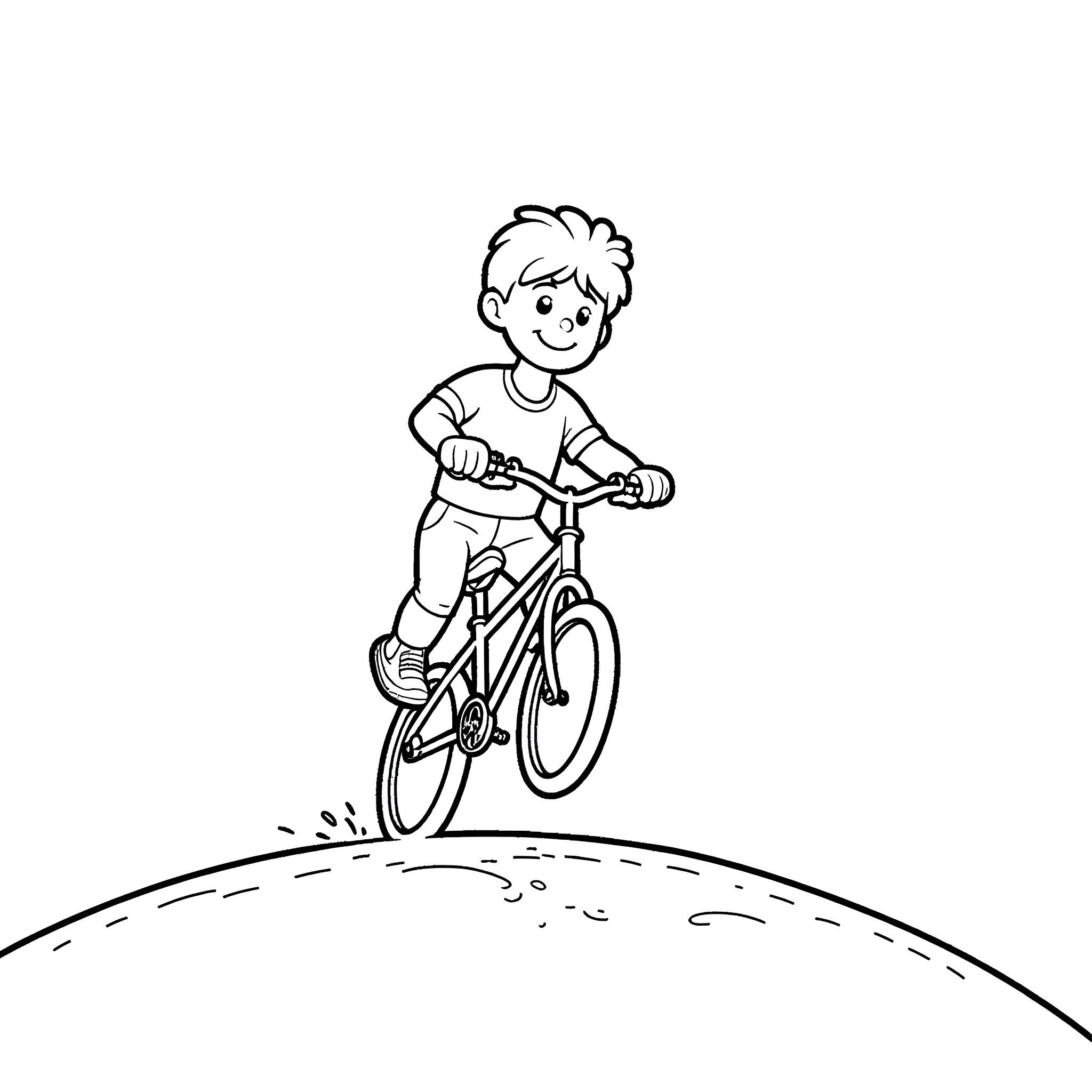 Kid riding a bicycle on a hill Coloring Page (free black-and-white line drawing printable PDF for all, from beginners to advanced learners, including children, teens, adults, and seniors)