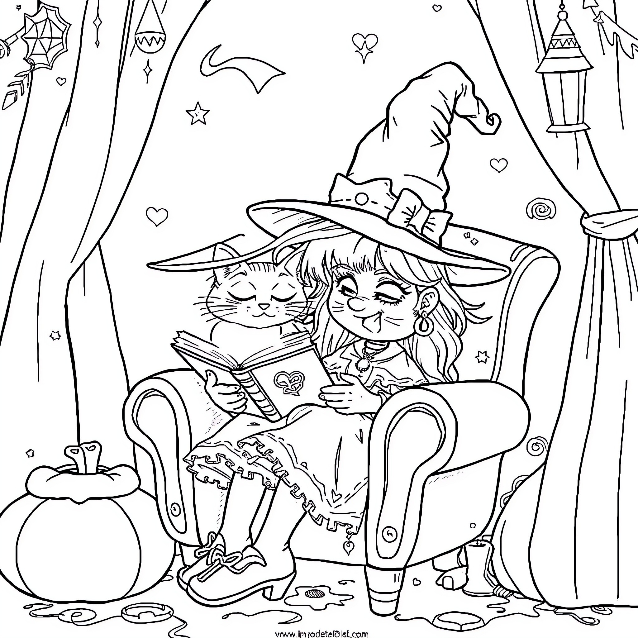 Witch and her feline friend read a book together Coloring Page (free black-and-white line drawing printable PDF for all, from beginners to advanced learners, including children, teens, adults, and seniors)
