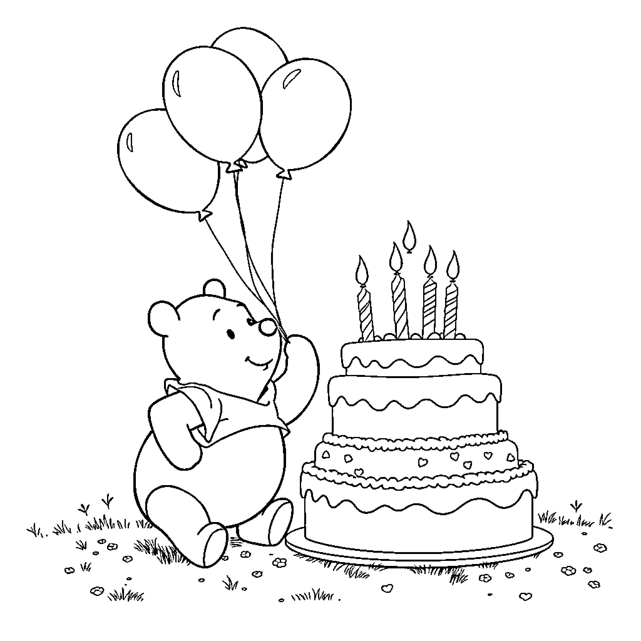 Winnie The Pooh celebrating birthday with balloons and cake Coloring Page (free black-and-white line drawing printable PDF for all, from beginners to advanced learners, including children, teens, adults, and seniors)