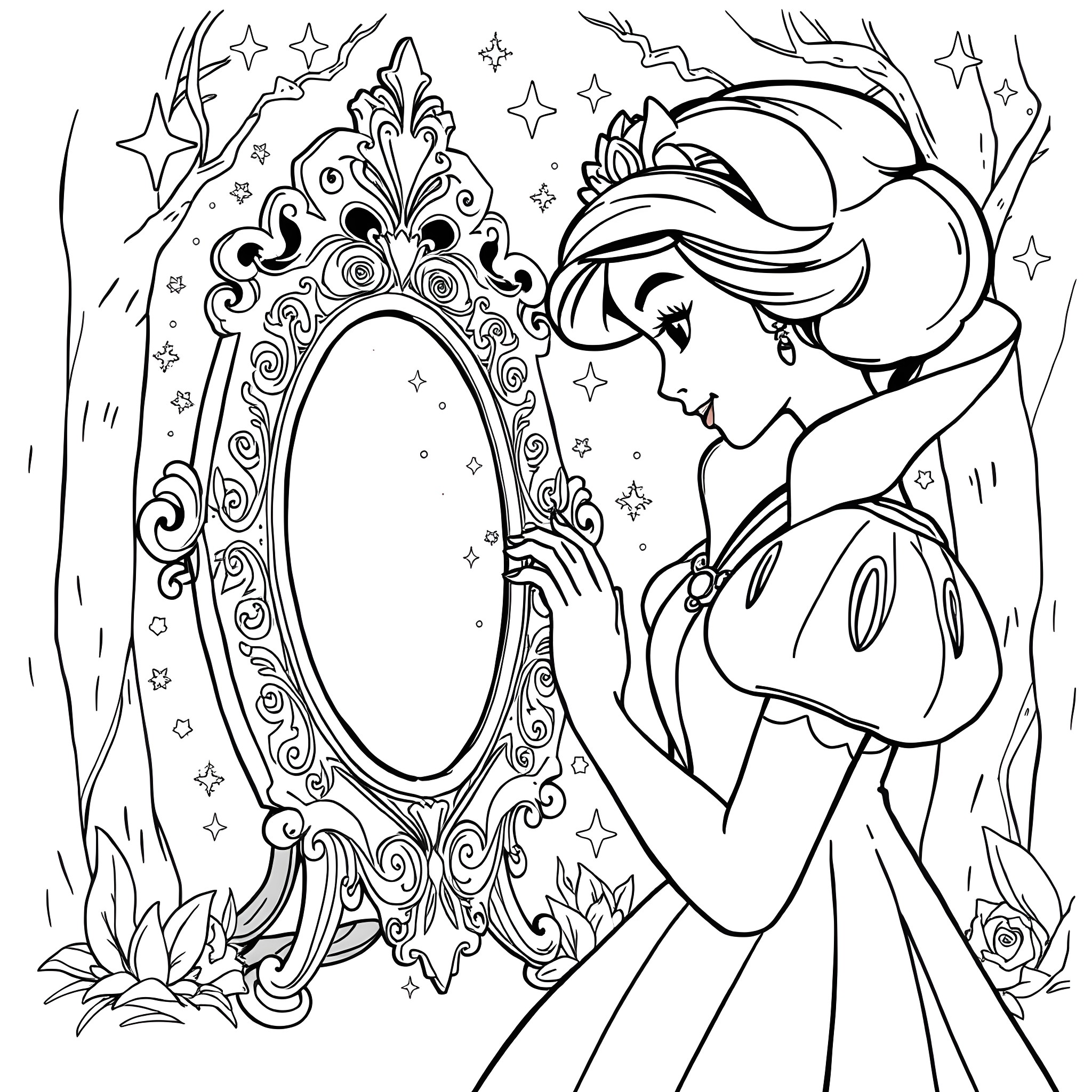 Snow White looking at herself in the magical mirror Coloring Page (free black-and-white line drawing printable PDF for all, from beginners to advanced learners, including children, teens, adults, and seniors)