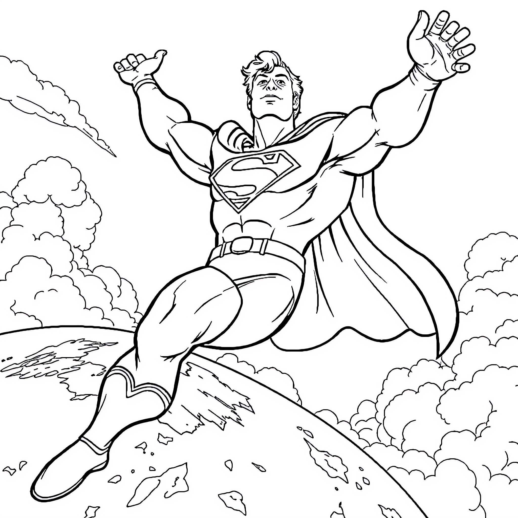 Superman soaring through the sky in heroic pose Coloring Page (free black-and-white line drawing printable PDF for all, from beginners to advanced learners, including children, teens, adults, and seniors)