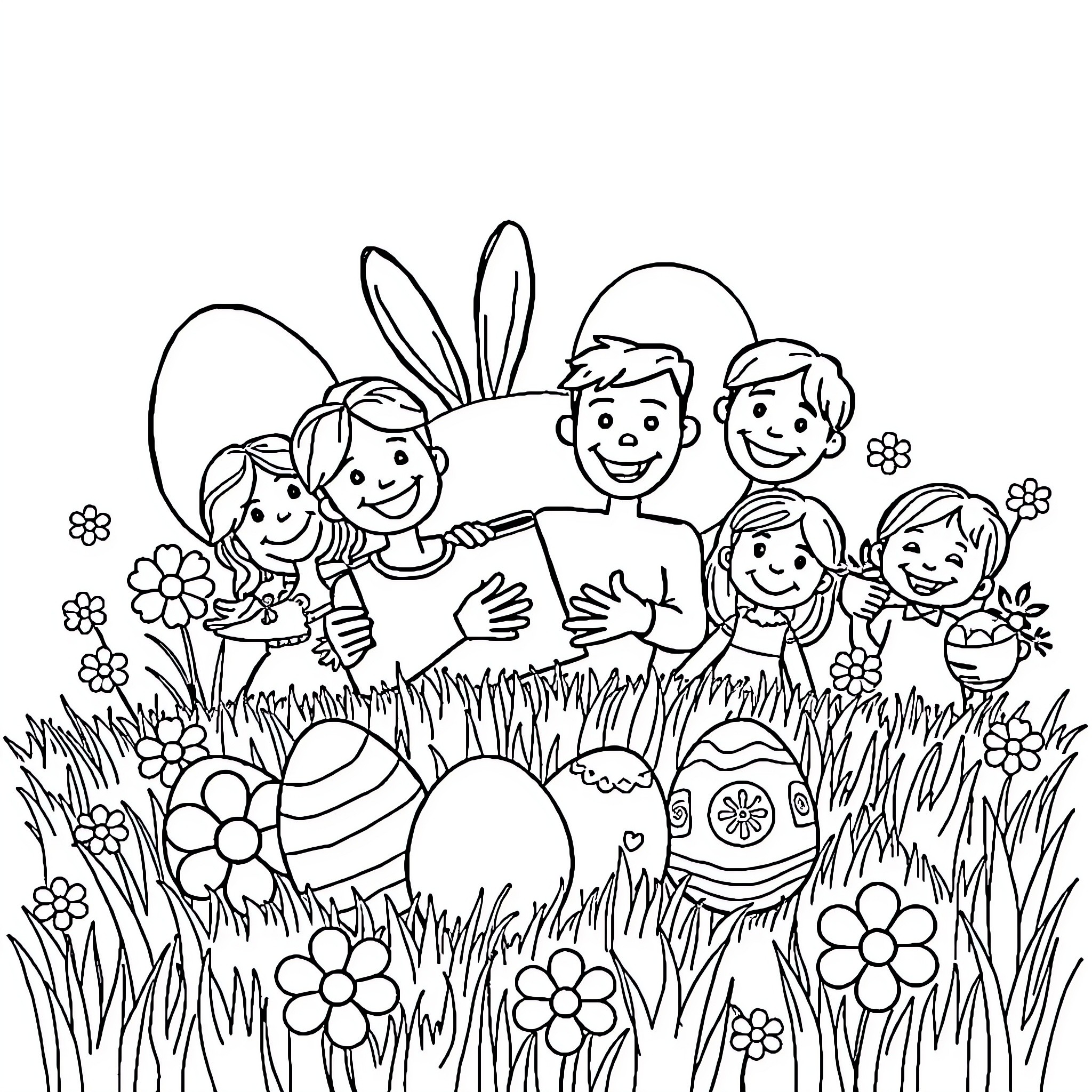 Easter Fun with Family in the Meadow Coloring Page (free black-and-white line drawing printable PDF for all, from beginners to advanced learners, including children, teens, adults, and seniors)