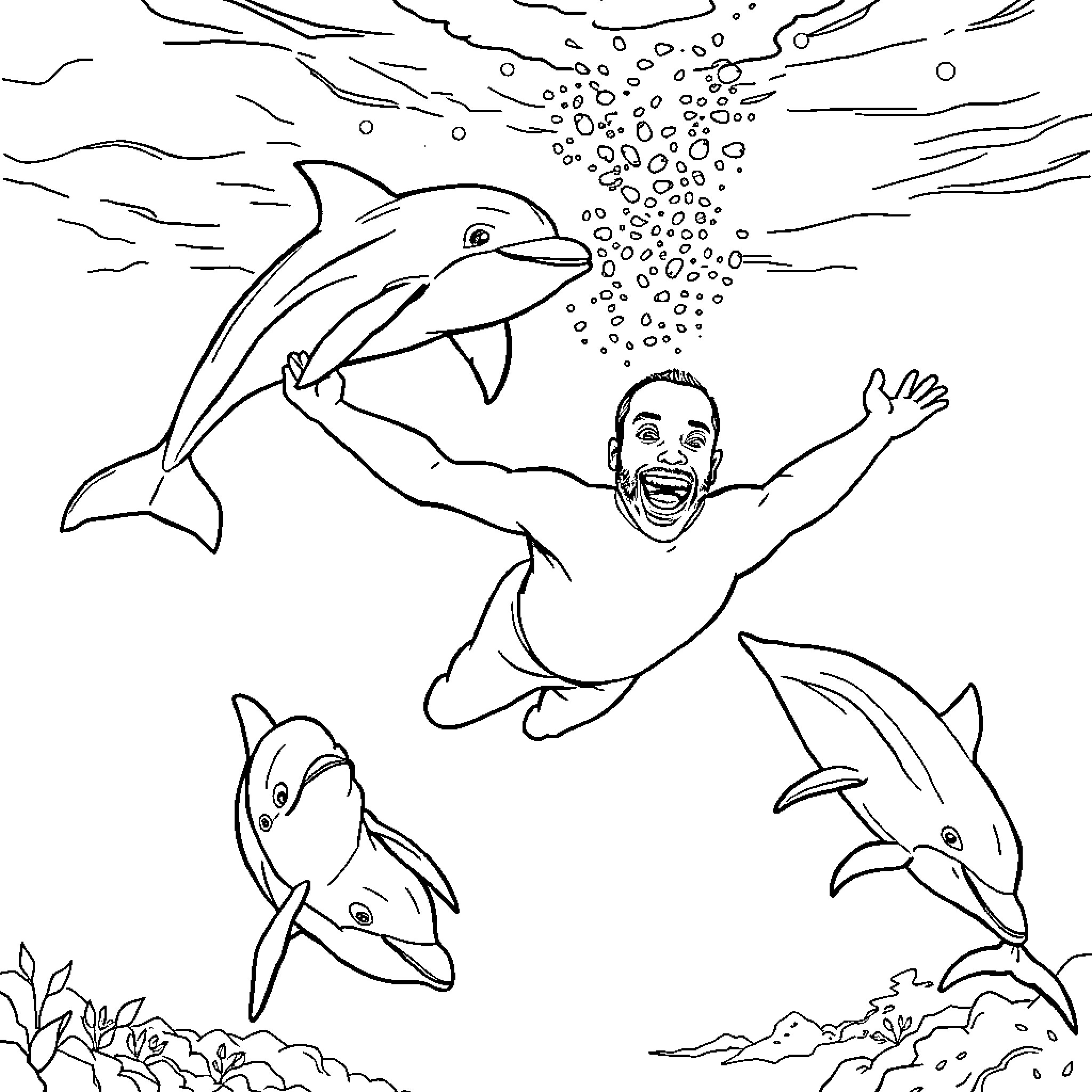 Marshall Faulk swimming with playful dolphins Coloring Page (free black-and-white line drawing printable PDF for all, from beginners to advanced learners, including children, teens, adults, and seniors)