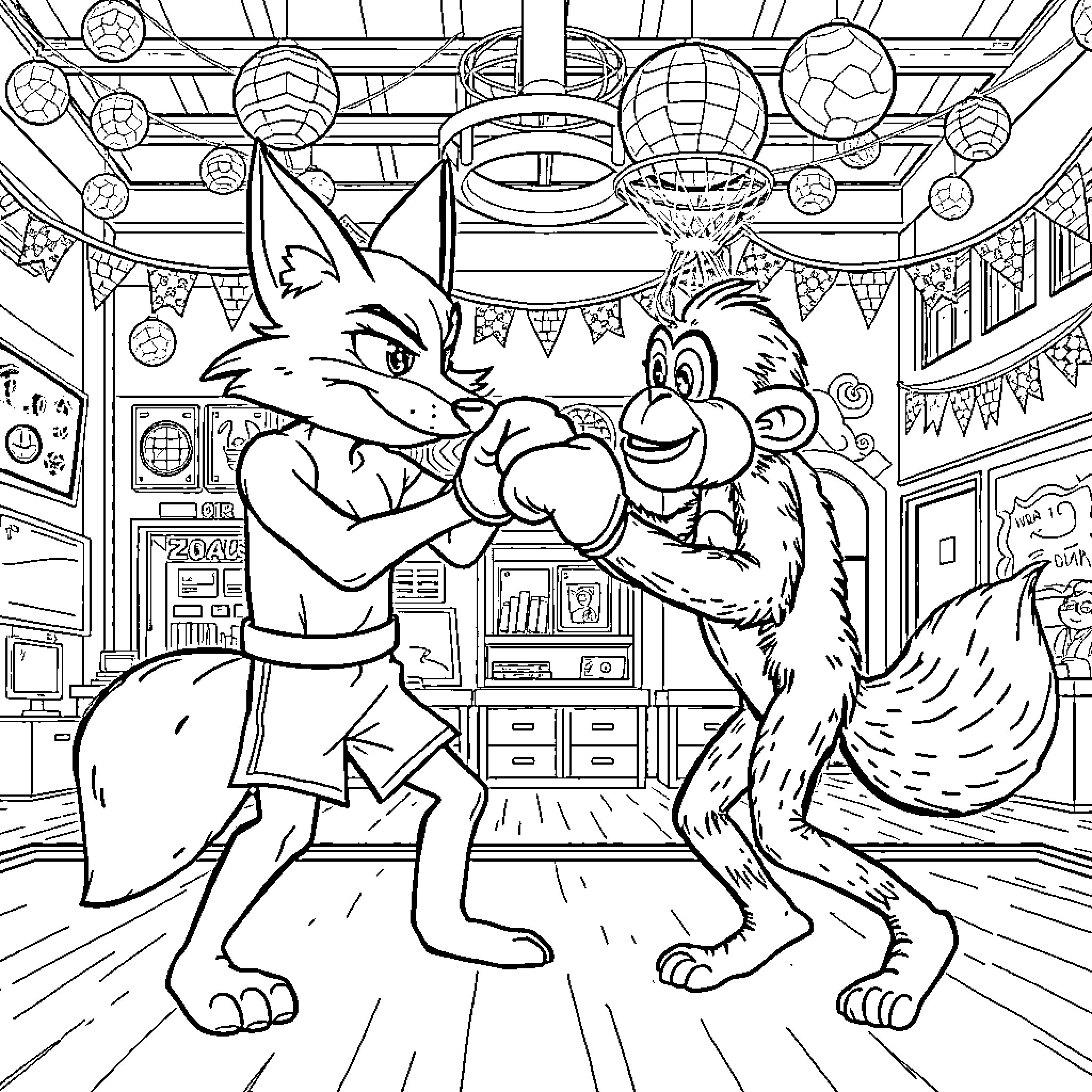 Fox characters boxing in festive party setting Coloring Page (free black-and-white line drawing printable PDF for all, from beginners to advanced learners, including children, teens, adults, and seniors)