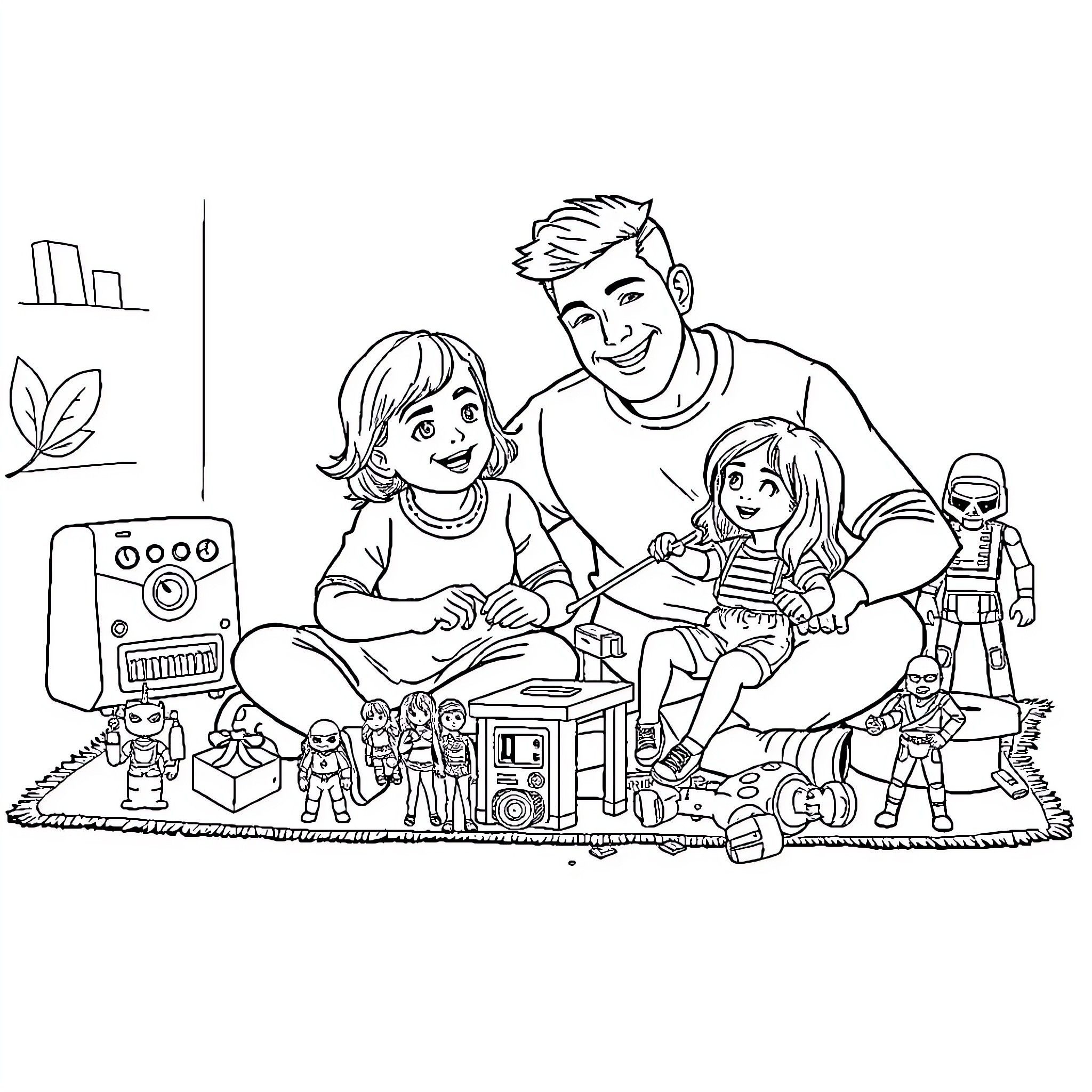 Dad playing with kids and toys in cozy home Coloring Page (free black-and-white line drawing printable PDF for all, from beginners to advanced learners, including children, teens, adults, and seniors)