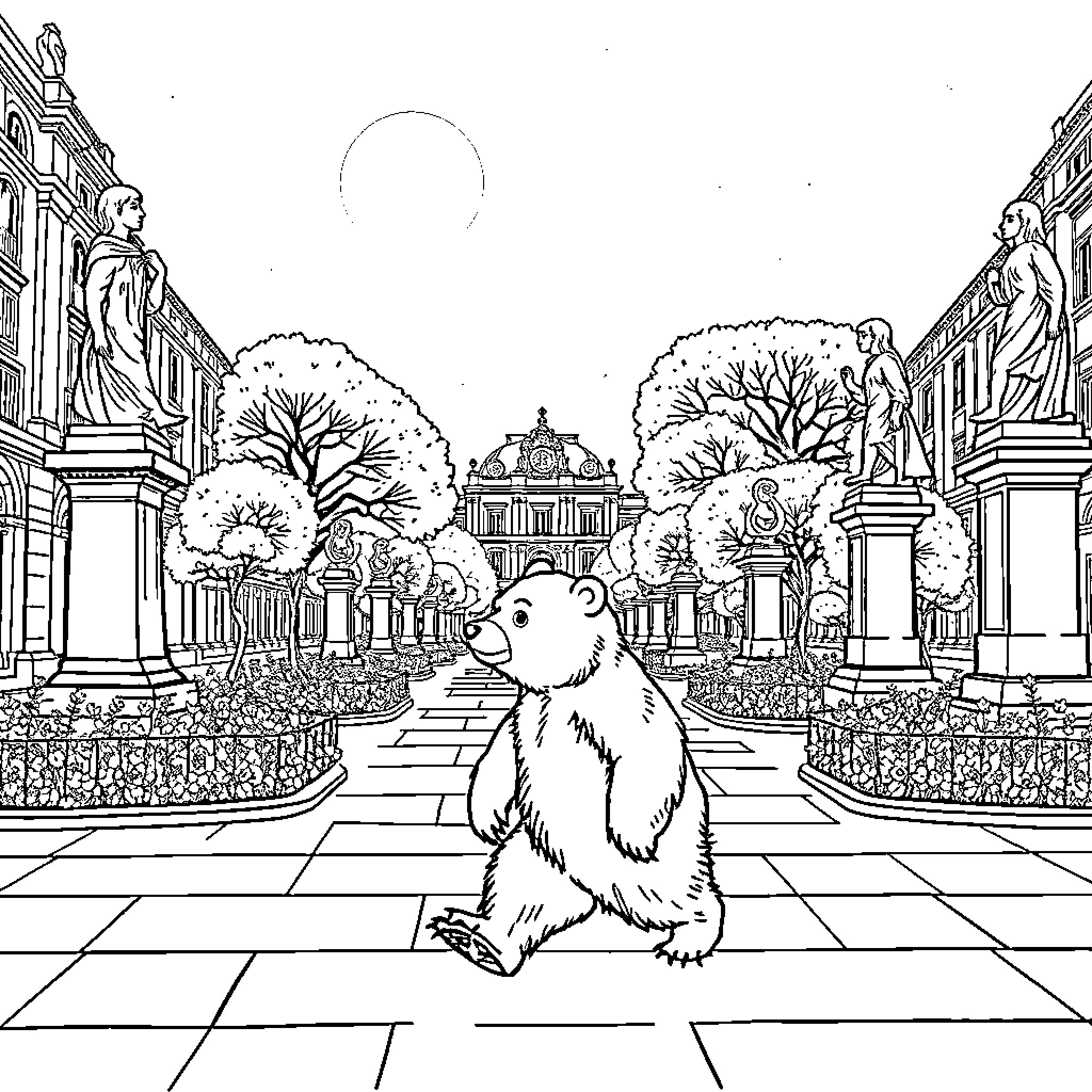 Bear explores enchanting architectural landscape Coloring Page (free black-and-white line drawing printable PDF for all, from beginners to advanced learners, including children, teens, adults, and seniors)