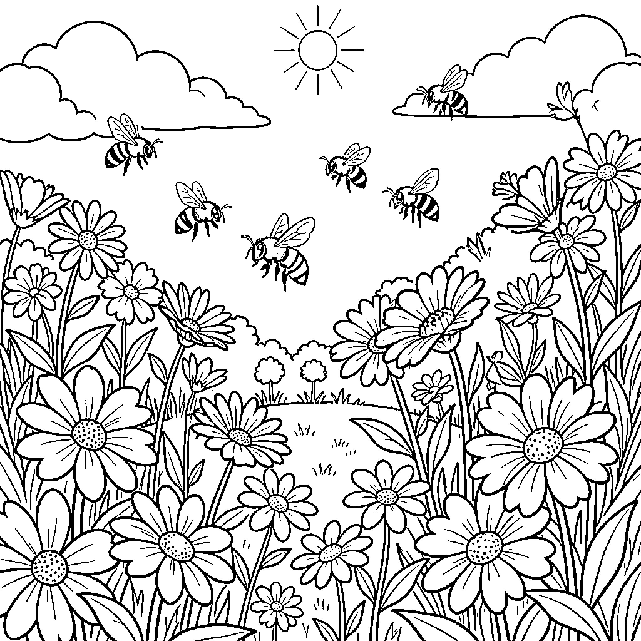 Bee flying among daisies in a sunny meadow Coloring Page (free black-and-white line drawing printable PDF for all, from beginners to advanced learners, including children, teens, adults, and seniors)