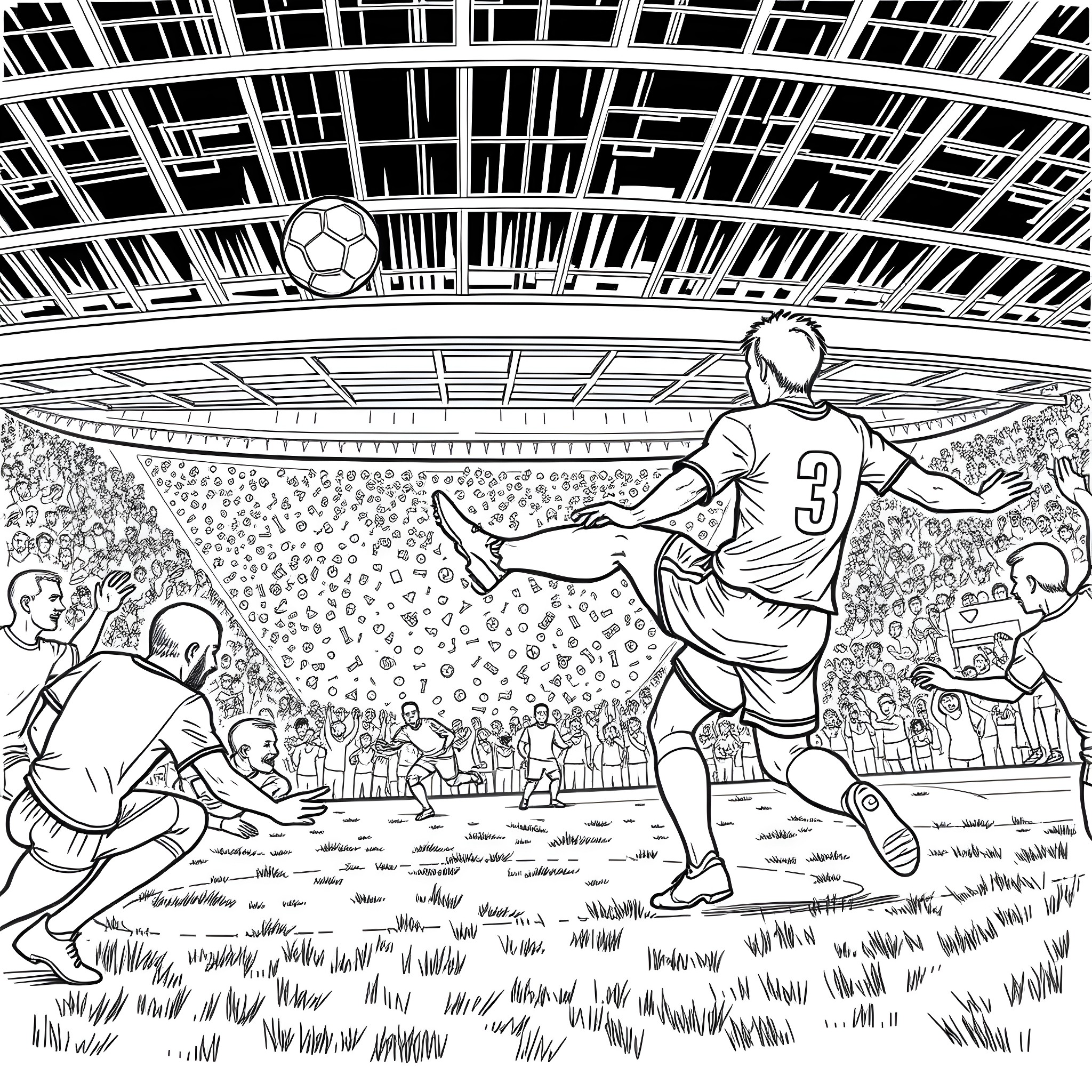 Soccer players in intense game on stadium field Coloring Page (free black-and-white line drawing printable PDF for all, from beginners to advanced learners, including children, teens, adults, and seniors)