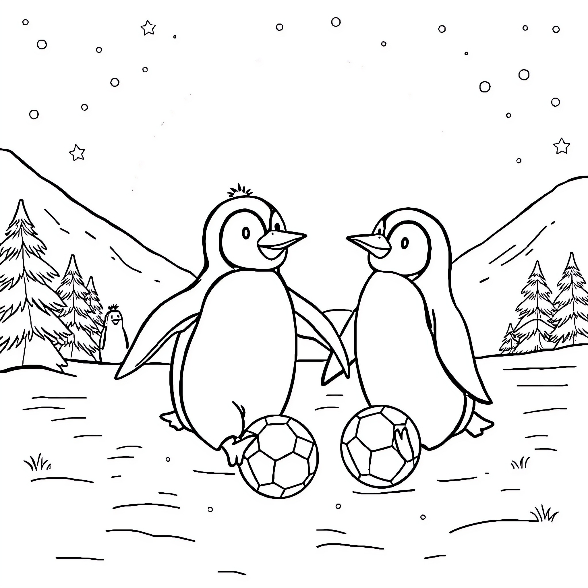 Penguins playing with soccer balls in a snowy landscape Coloring Page (free black-and-white line drawing printable PDF for all, from beginners to advanced learners, including children, teens, adults, and seniors)