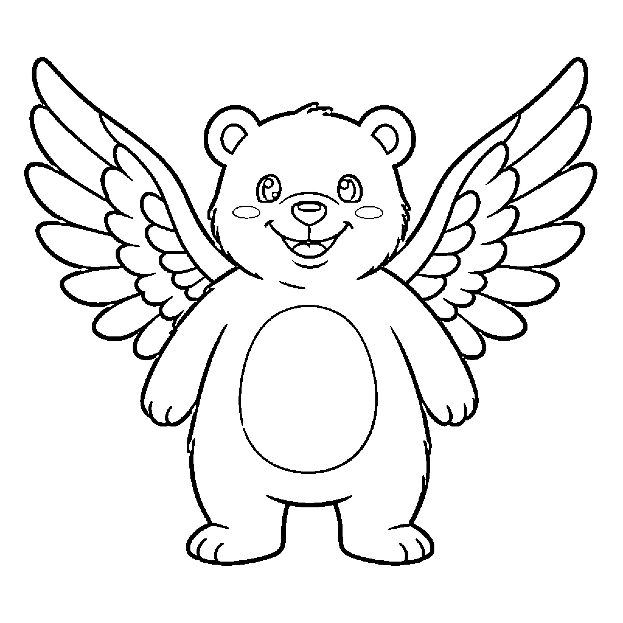 Bear with wings smiling happily Coloring Page (free black-and-white line drawing printable PDF for all, from beginners to advanced learners, including children, teens, adults, and seniors)