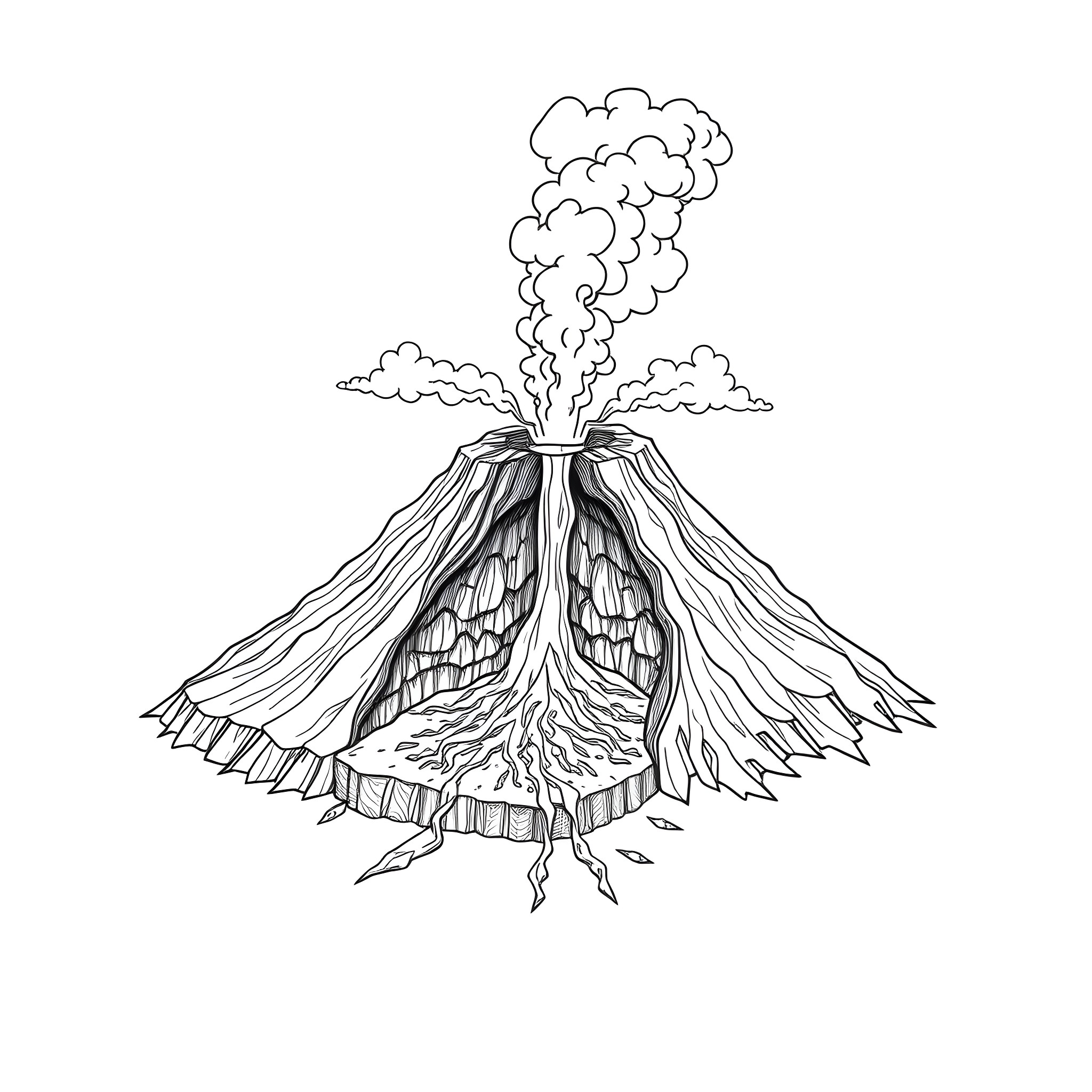Volcano erupting with smoke and lava flow Coloring Page (free black-and-white line drawing printable PDF for all, from beginners to advanced learners, including children, teens, adults, and seniors)