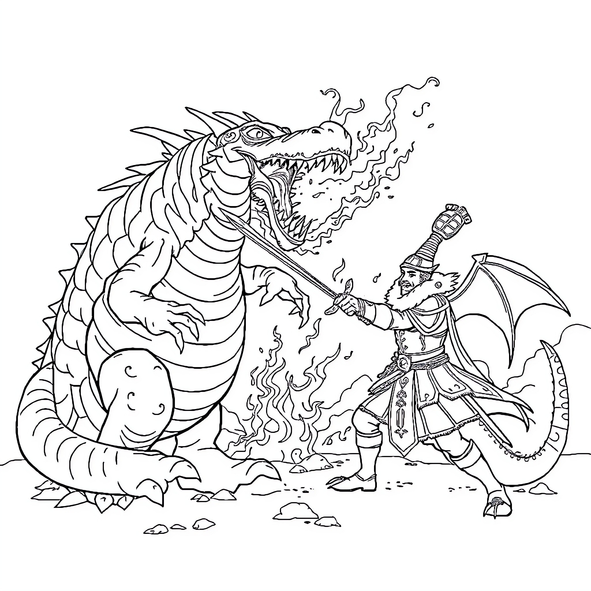 Dragon Slayer Battles Mighty Fire-Breathing Dragon Coloring Page (free black-and-white line drawing printable PDF for all, from beginners to advanced learners, including children, teens, adults, and seniors)