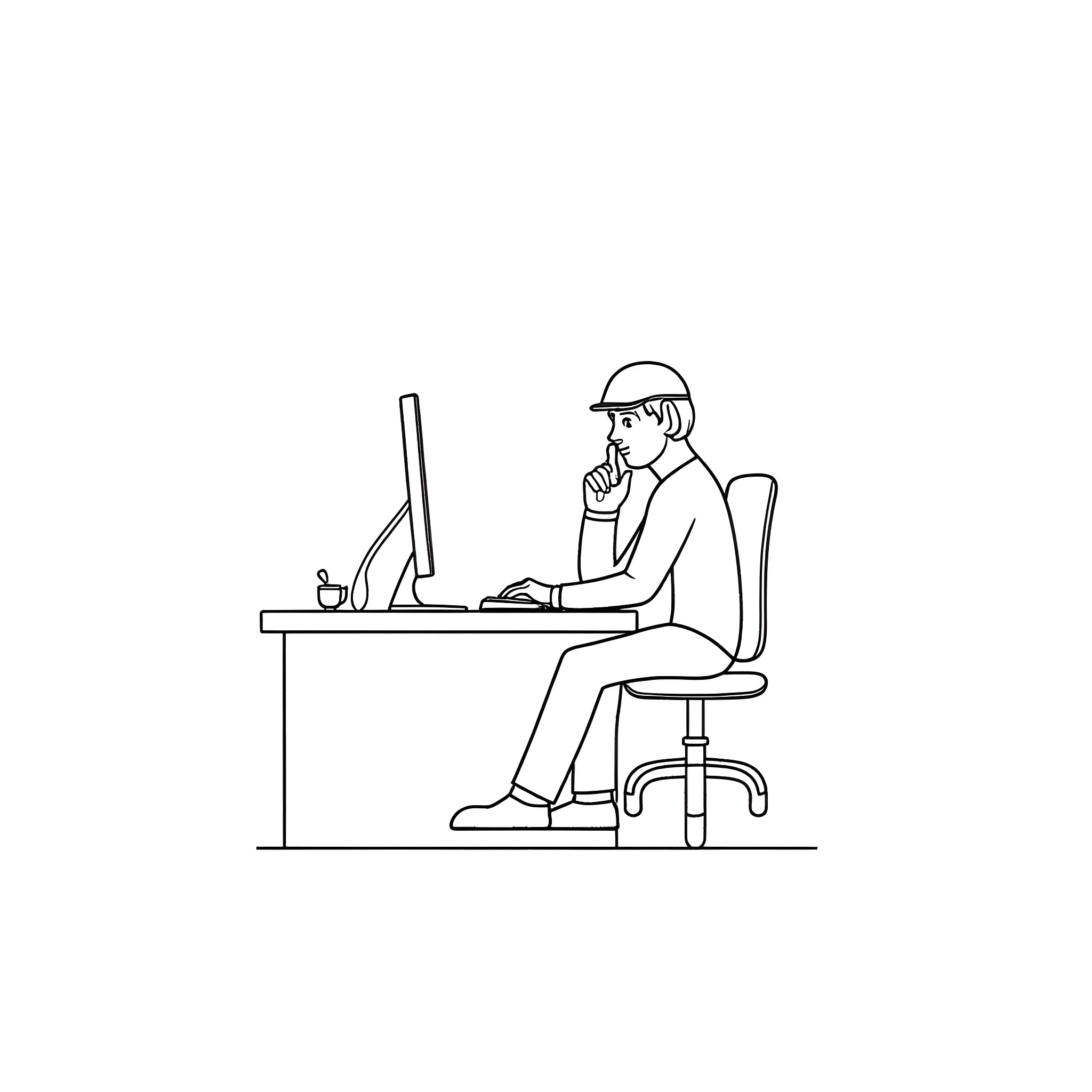 Software Engineer working intently at computer Coloring Page (free black-and-white line drawing printable PDF for all, from beginners to advanced learners, including children, teens, adults, and seniors)