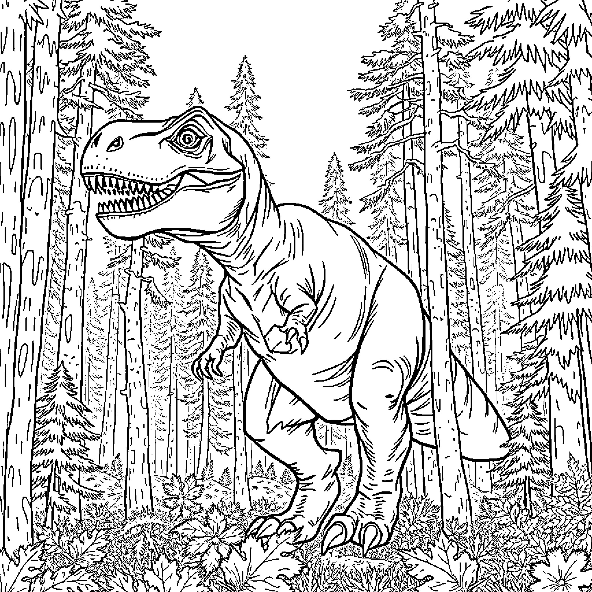 T-Rex roaming through the forest Coloring Page (free black-and-white line drawing printable PDF for all, from beginners to advanced learners, including children, teens, adults, and seniors)