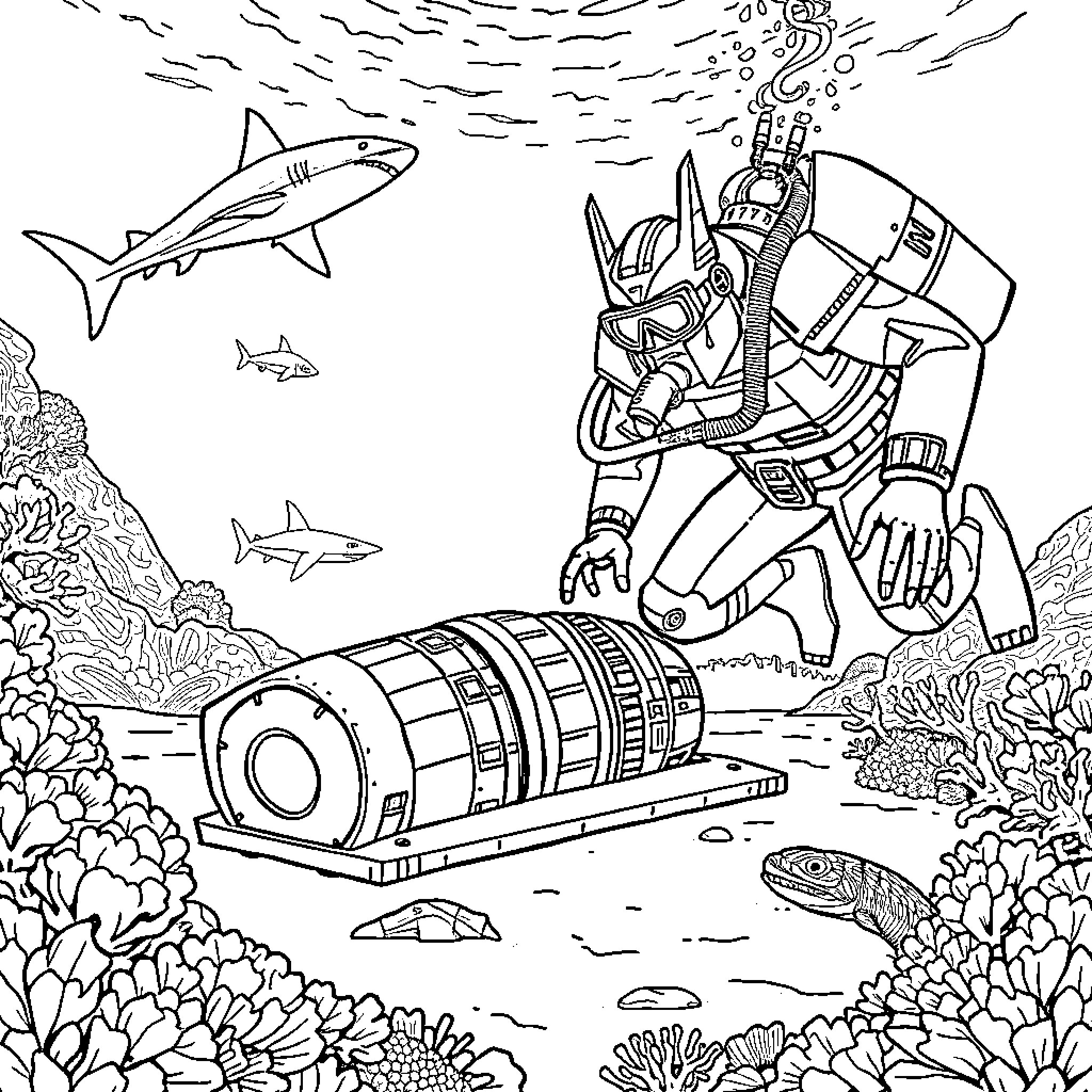 Megatron exploring underwater futuristic technology Coloring Page (free black-and-white line drawing printable PDF for all, from beginners to advanced learners, including children, teens, adults, and seniors)