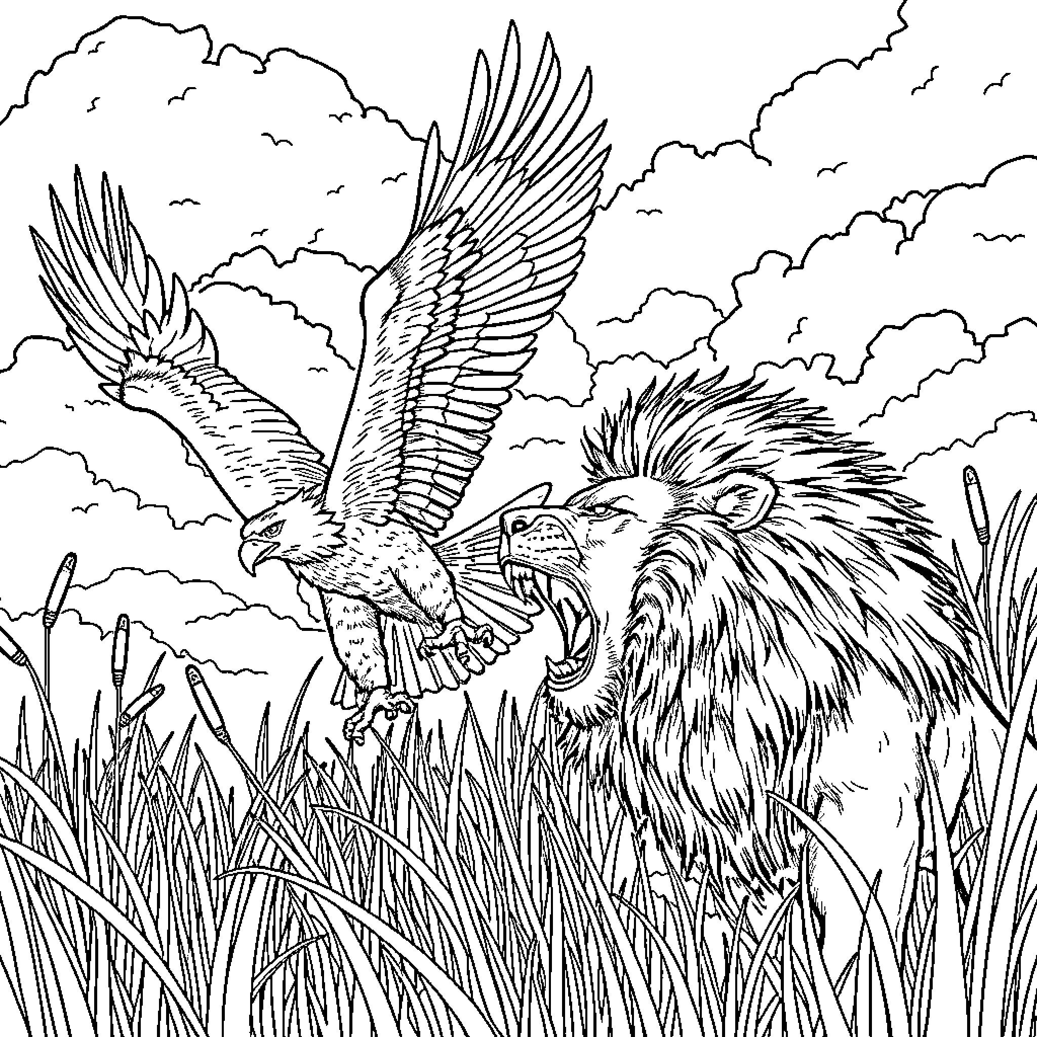 Eagle soaring amidst fierce lion in nature Coloring Page (free black-and-white line drawing printable PDF for all, from beginners to advanced learners, including children, teens, adults, and seniors)