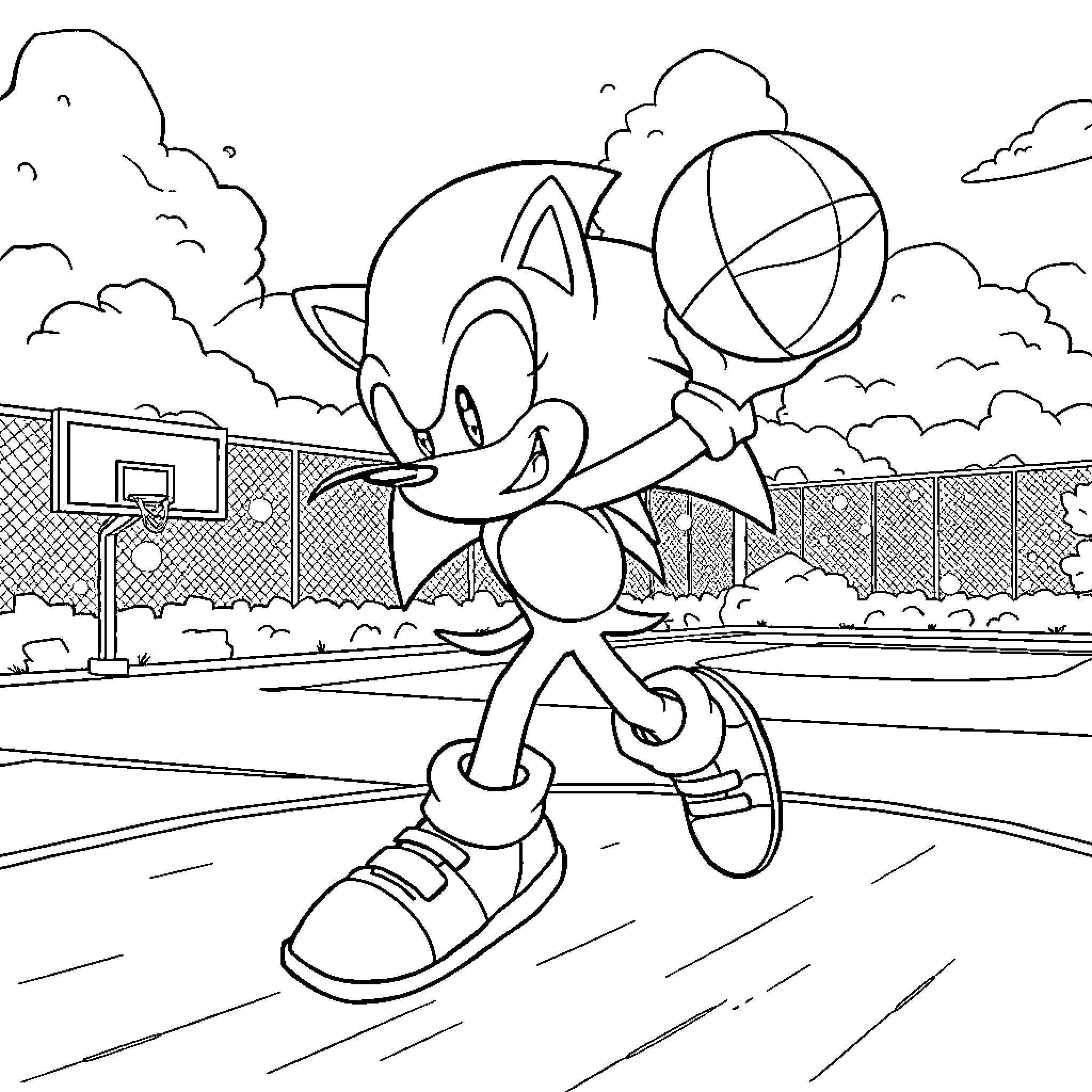Sonic running enthusiastically on the basketball court Coloring Page (free black-and-white line drawing printable PDF for all, from beginners to advanced learners, including children, teens, adults, and seniors)