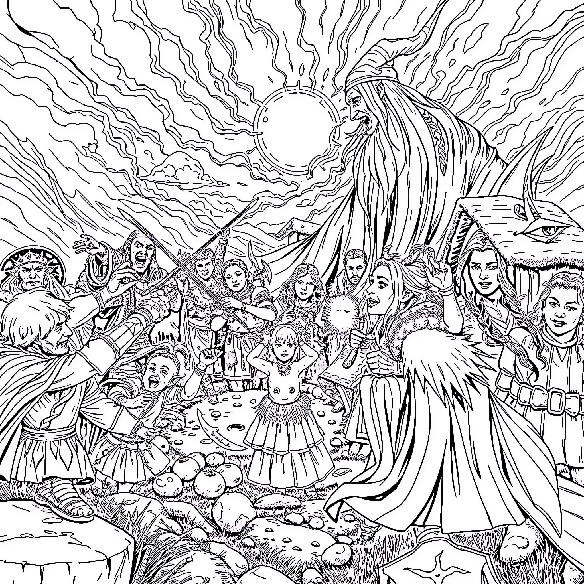 Ring of Mystic Figures and Fantastical Beings Coloring Page (free black-and-white line drawing printable PDF for all, from beginners to advanced learners, including children, teens, adults, and seniors)