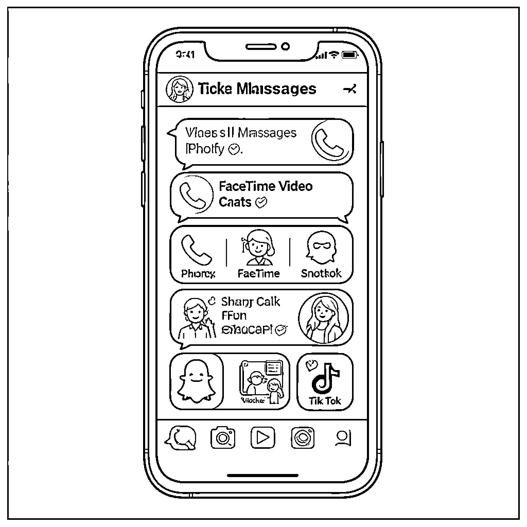 Phone displaying messaging and video chat apps Coloring Page (free black-and-white line drawing printable PDF for all, from beginners to advanced learners, including children, teens, adults, and seniors)