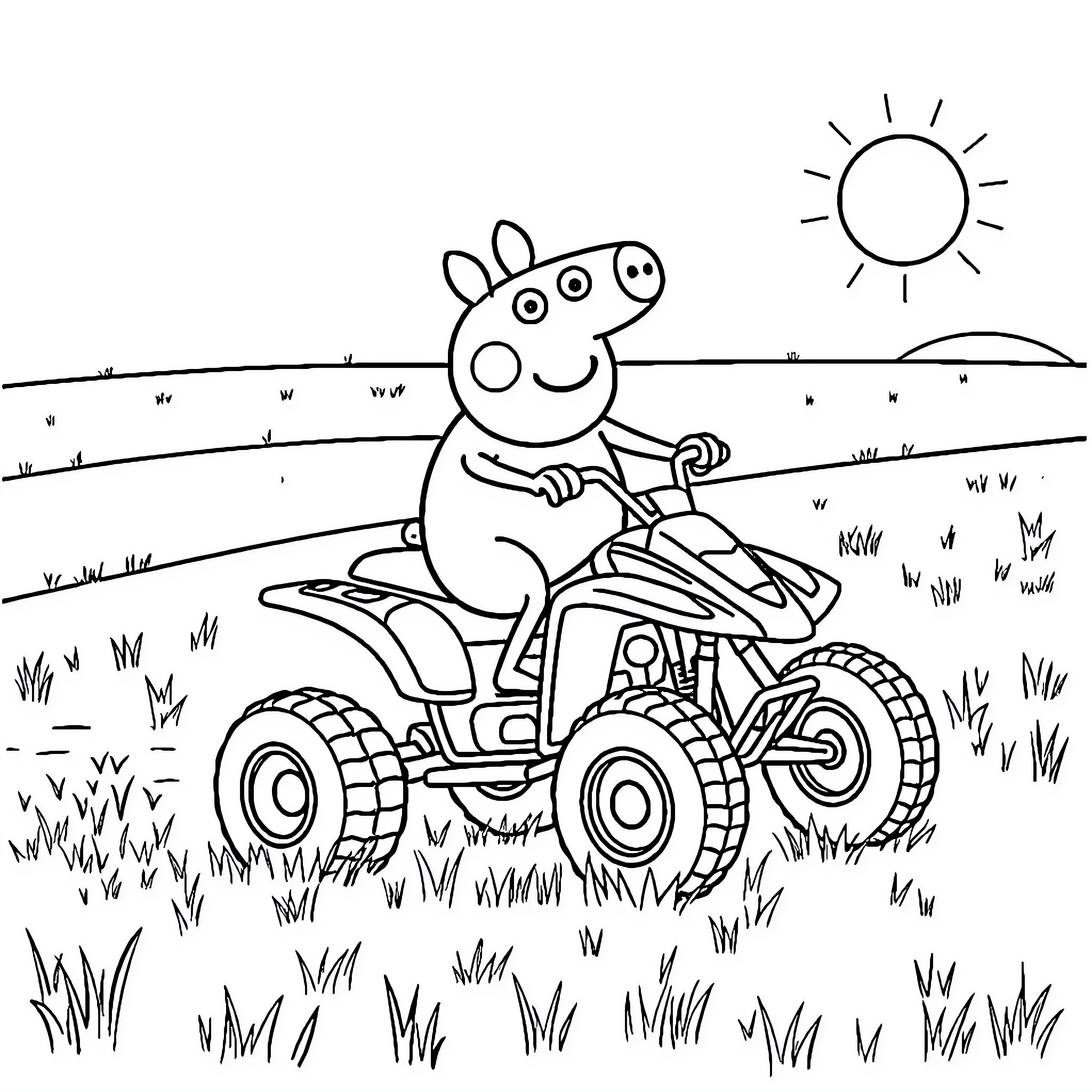 Peppa riding a four-wheeler in the countryside Coloring Page (free black-and-white line drawing printable PDF for all, from beginners to advanced learners, including children, teens, adults, and seniors)