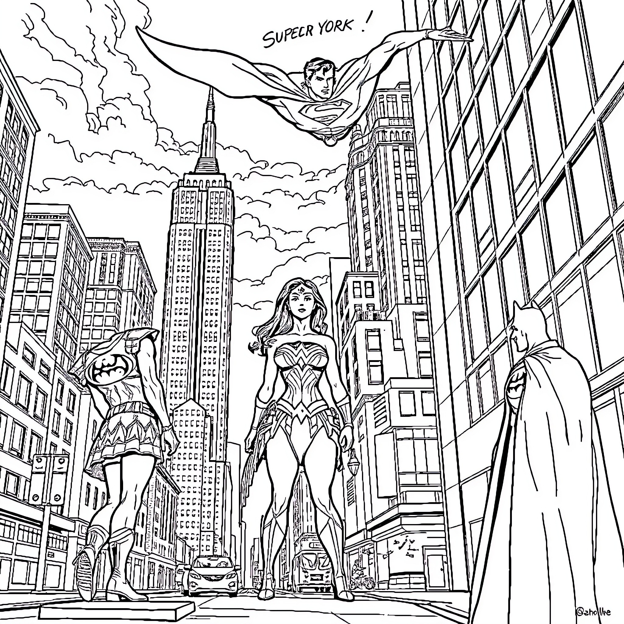 Superhero team saving the city from villains Coloring Page (free black-and-white line drawing printable PDF for all, from beginners to advanced learners, including children, teens, adults, and seniors)