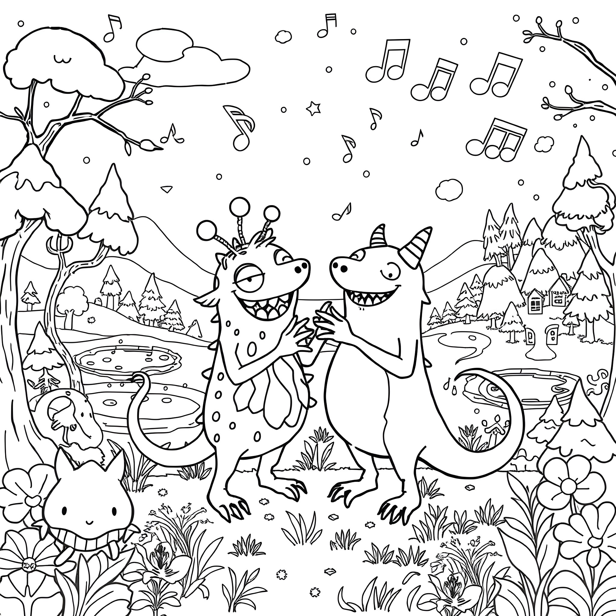 Monster Creatures Singing and Dancing in the Forest Coloring Page (free black-and-white line drawing printable PDF for all, from beginners to advanced learners, including children, teens, adults, and seniors)