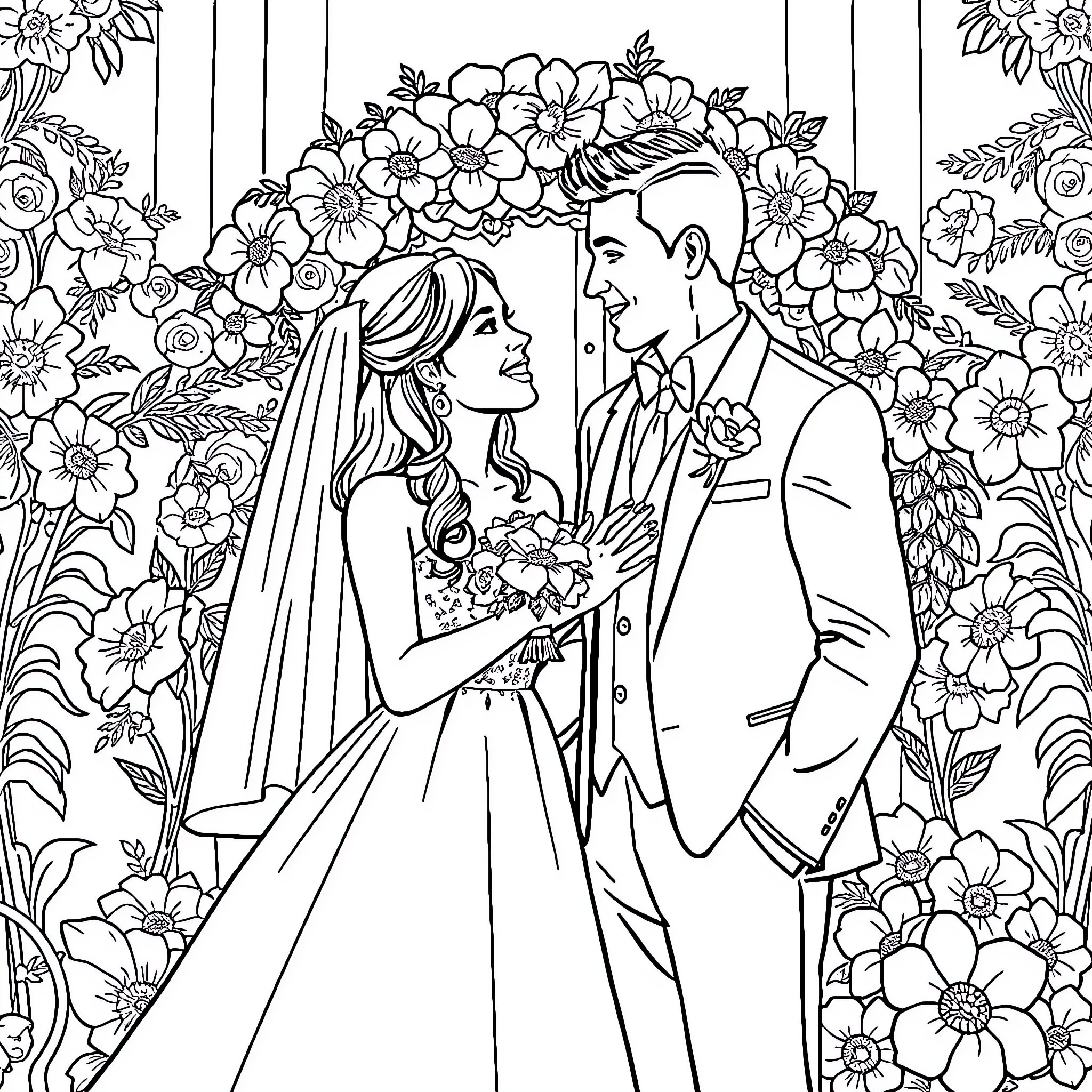 Wedding ceremony with bride and groom surrounded by flowers Coloring Page (free black-and-white line drawing printable PDF for all, from beginners to advanced learners, including children, teens, adults, and seniors)