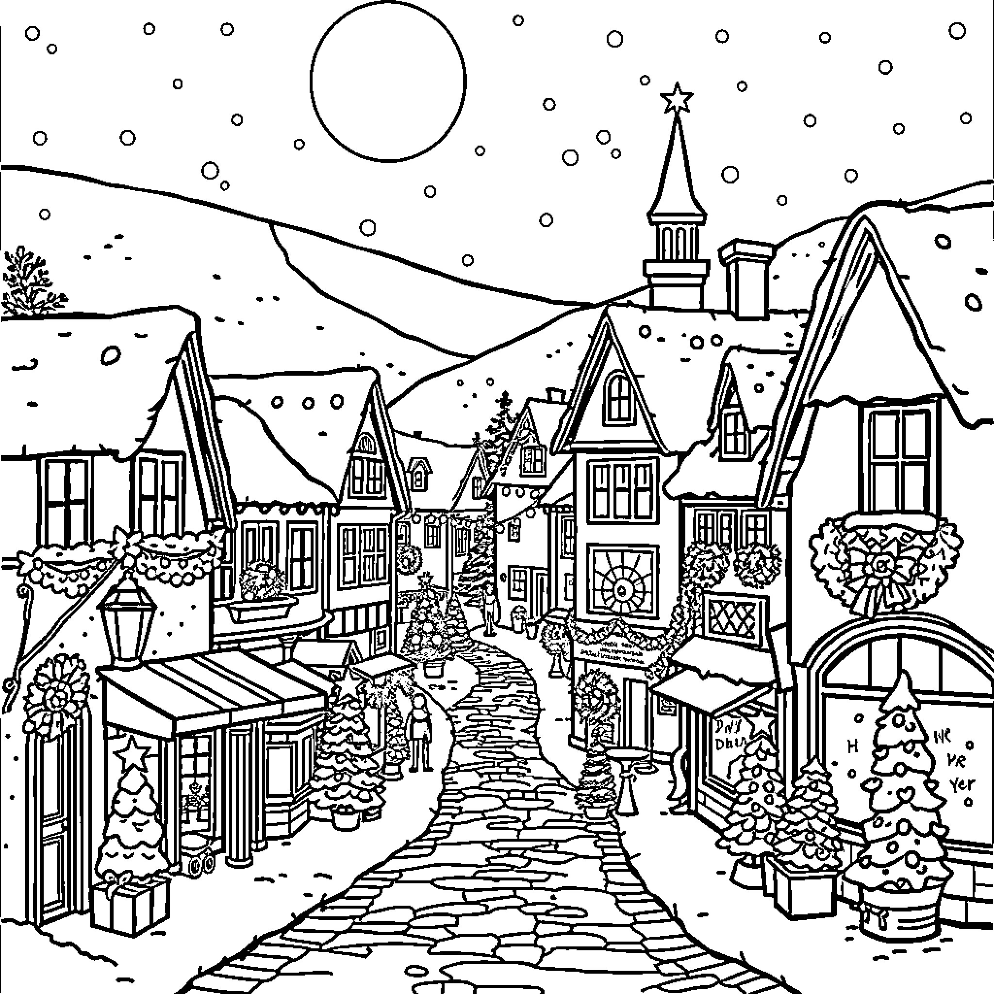 Town with Festive Decorations and Cozy Cottages Coloring Page (free black-and-white line drawing printable PDF for all, from beginners to advanced learners, including children, teens, adults, and seniors)