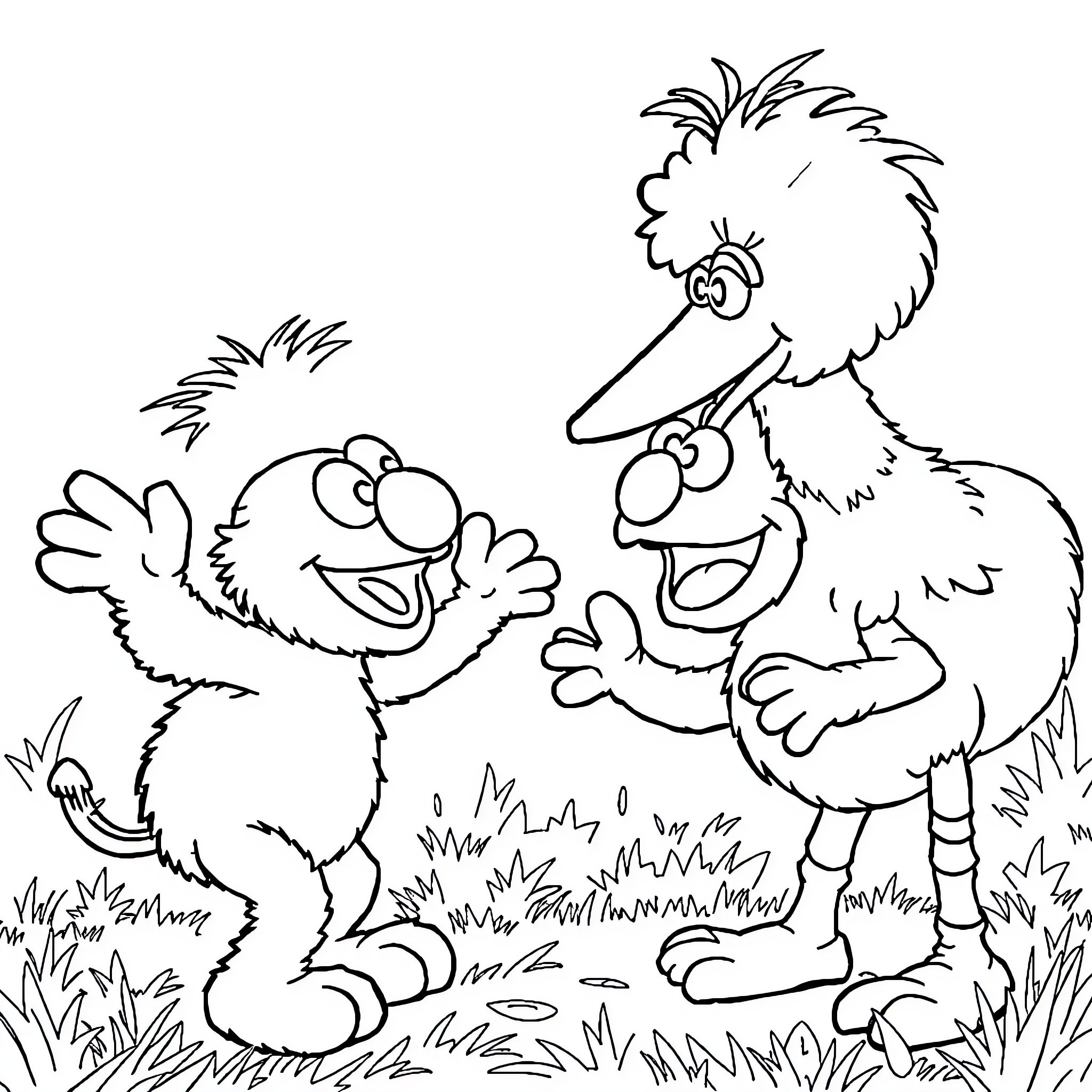 Elmo and friends playing joyfully in the field Coloring Page (free black-and-white line drawing printable PDF for all, from beginners to advanced learners, including children, teens, adults, and seniors)