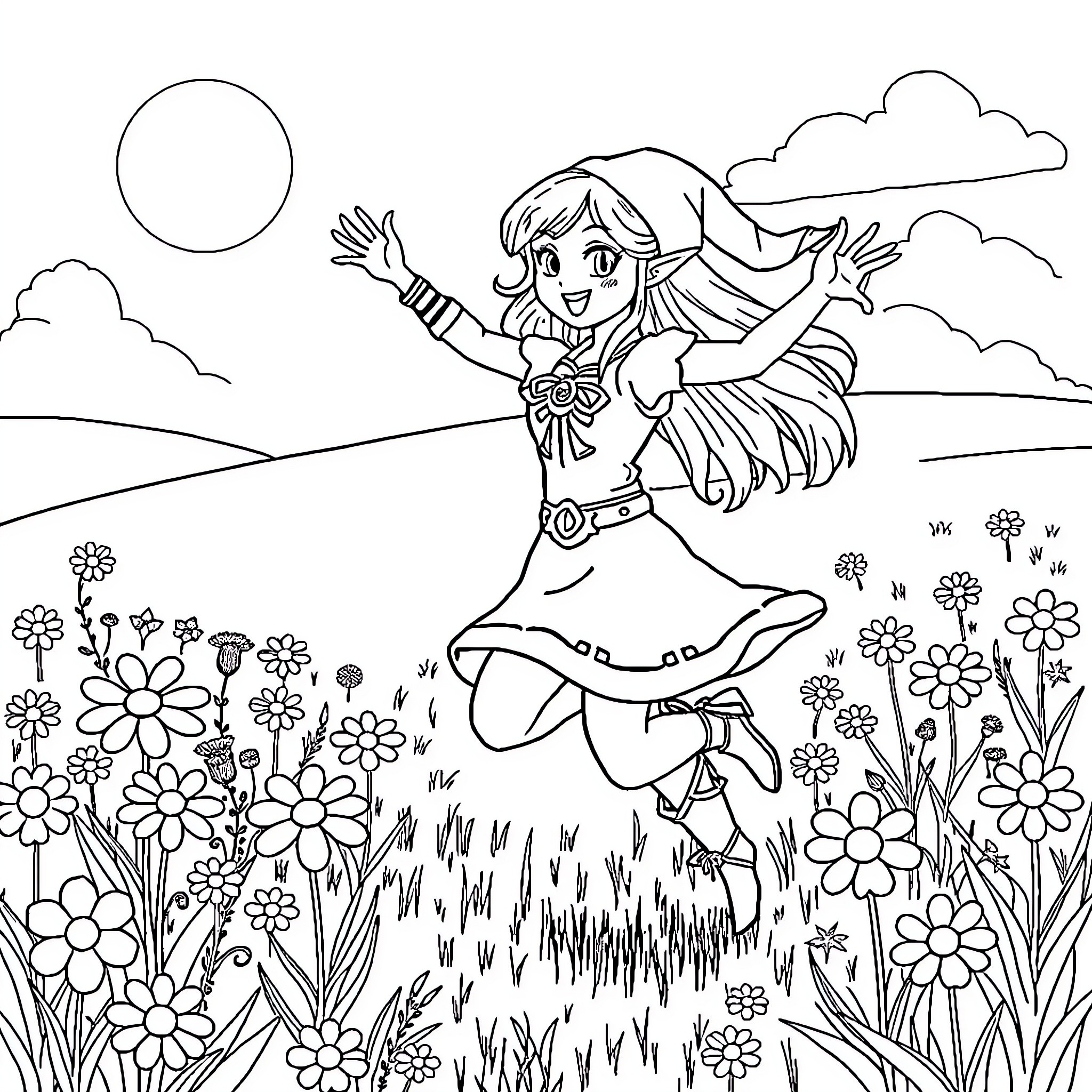 Zelda's joyful dance in a floral meadow Coloring Page (free black-and-white line drawing printable PDF for all, from beginners to advanced learners, including children, teens, adults, and seniors)