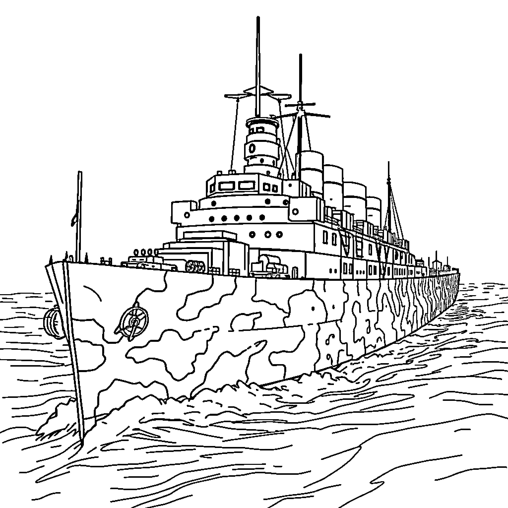 SS Olympic Luxury Cruise Ship Sailing on Waves Coloring Page (free black-and-white line drawing printable PDF for all, from beginners to advanced learners, including children, teens, adults, and seniors)