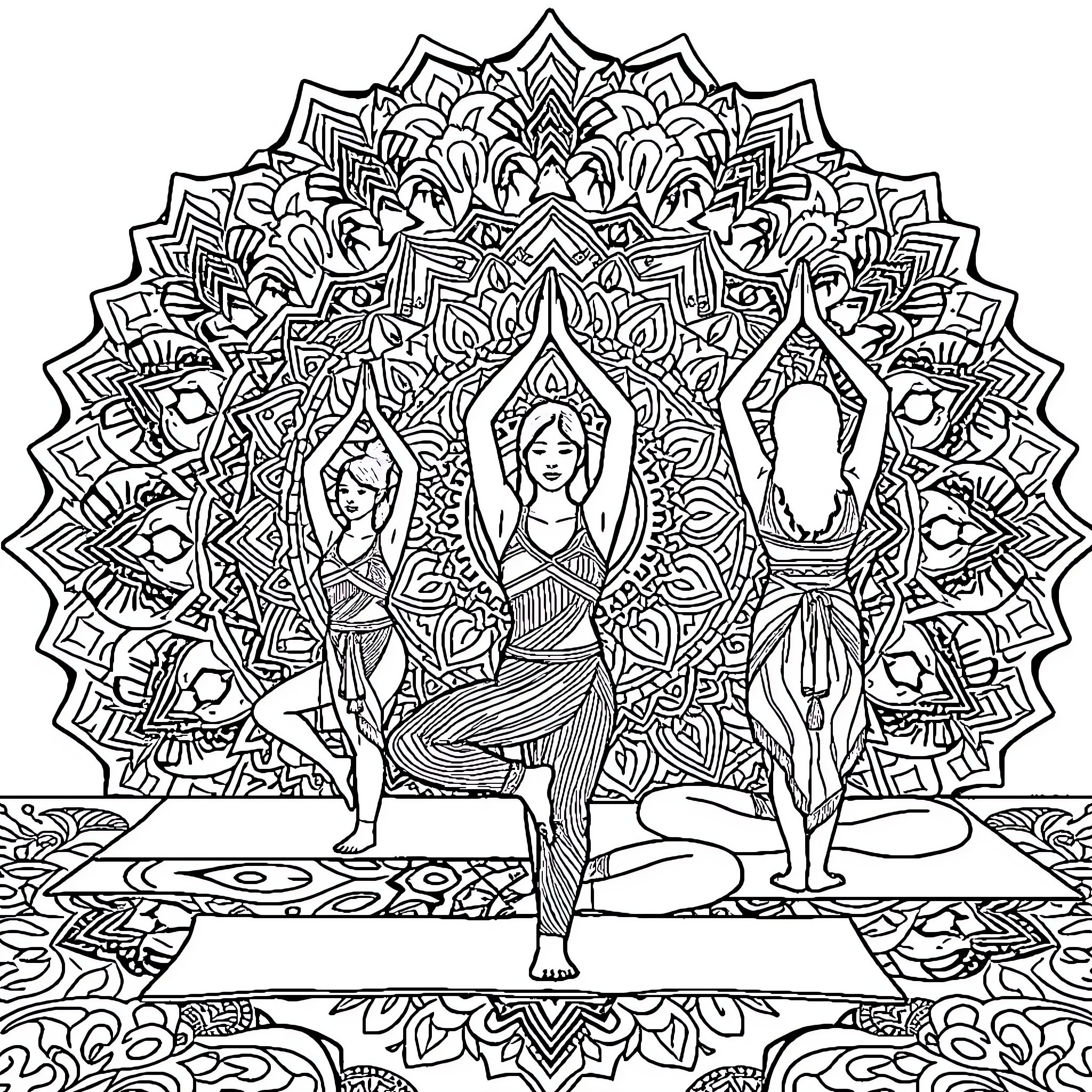 Yoga Practice in Ornate Mandala Setting Coloring Page (free black-and-white line drawing printable PDF for all, from beginners to advanced learners, including children, teens, adults, and seniors)