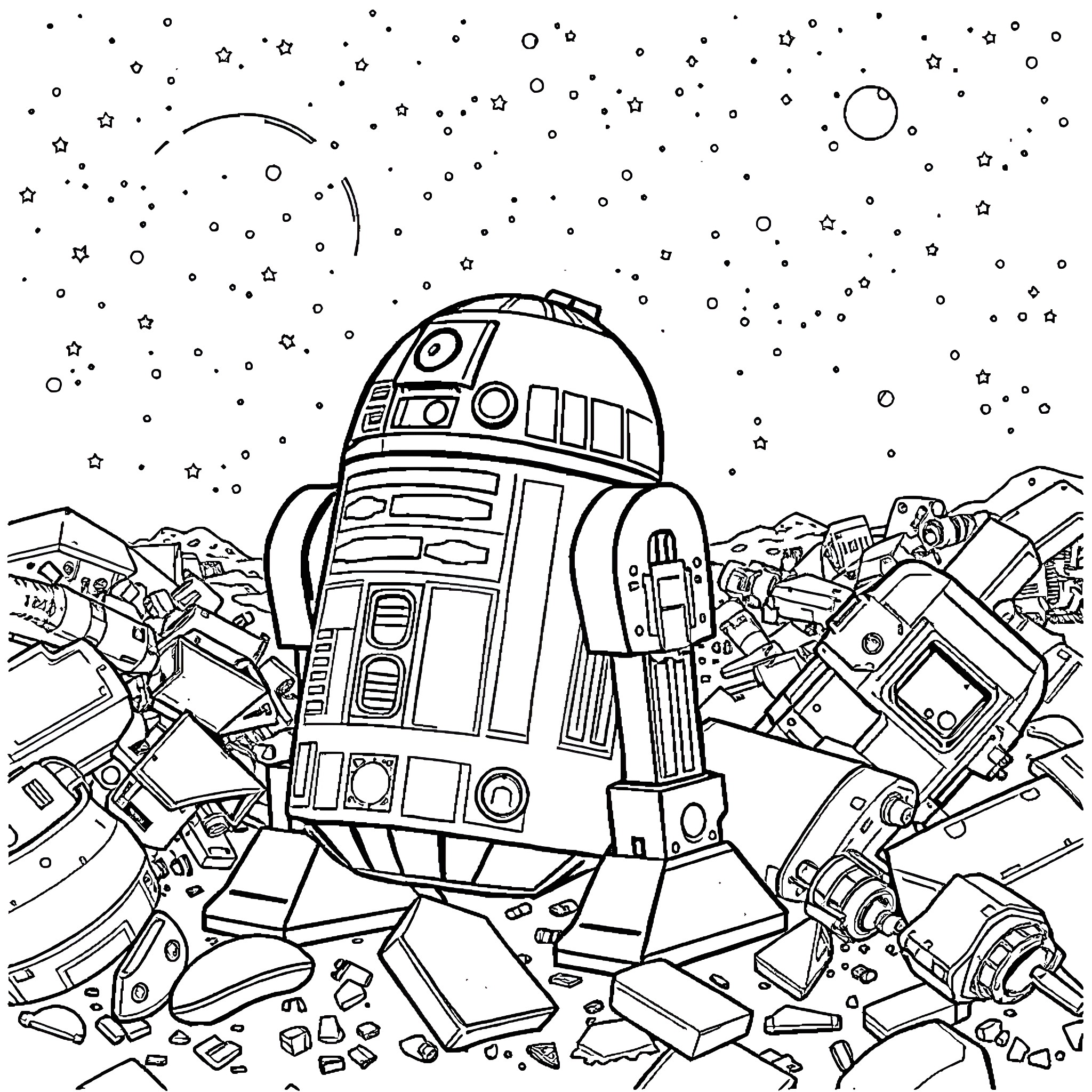R2D2 amidst the wreckage of starships in space Coloring Page (free black-and-white line drawing printable PDF for all, from beginners to advanced learners, including children, teens, adults, and seniors)