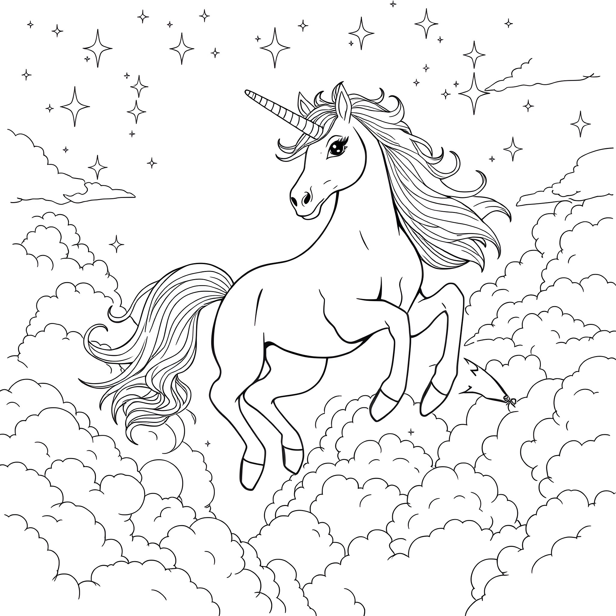 Unicorn leaping gracefully amidst the stars and clouds Coloring Page (free black-and-white line drawing printable PDF for all, from beginners to advanced learners, including children, teens, adults, and seniors)