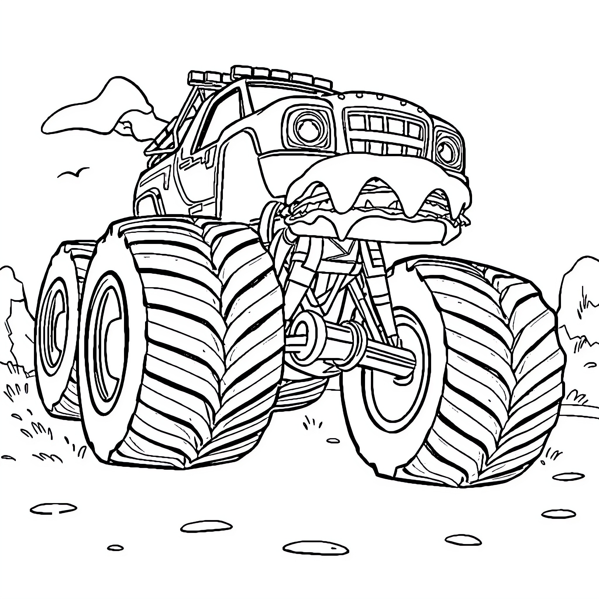 Blaze Monster Truck climbing over rough terrain Coloring Page (free black-and-white line drawing printable PDF for all, from beginners to advanced learners, including children, teens, adults, and seniors)