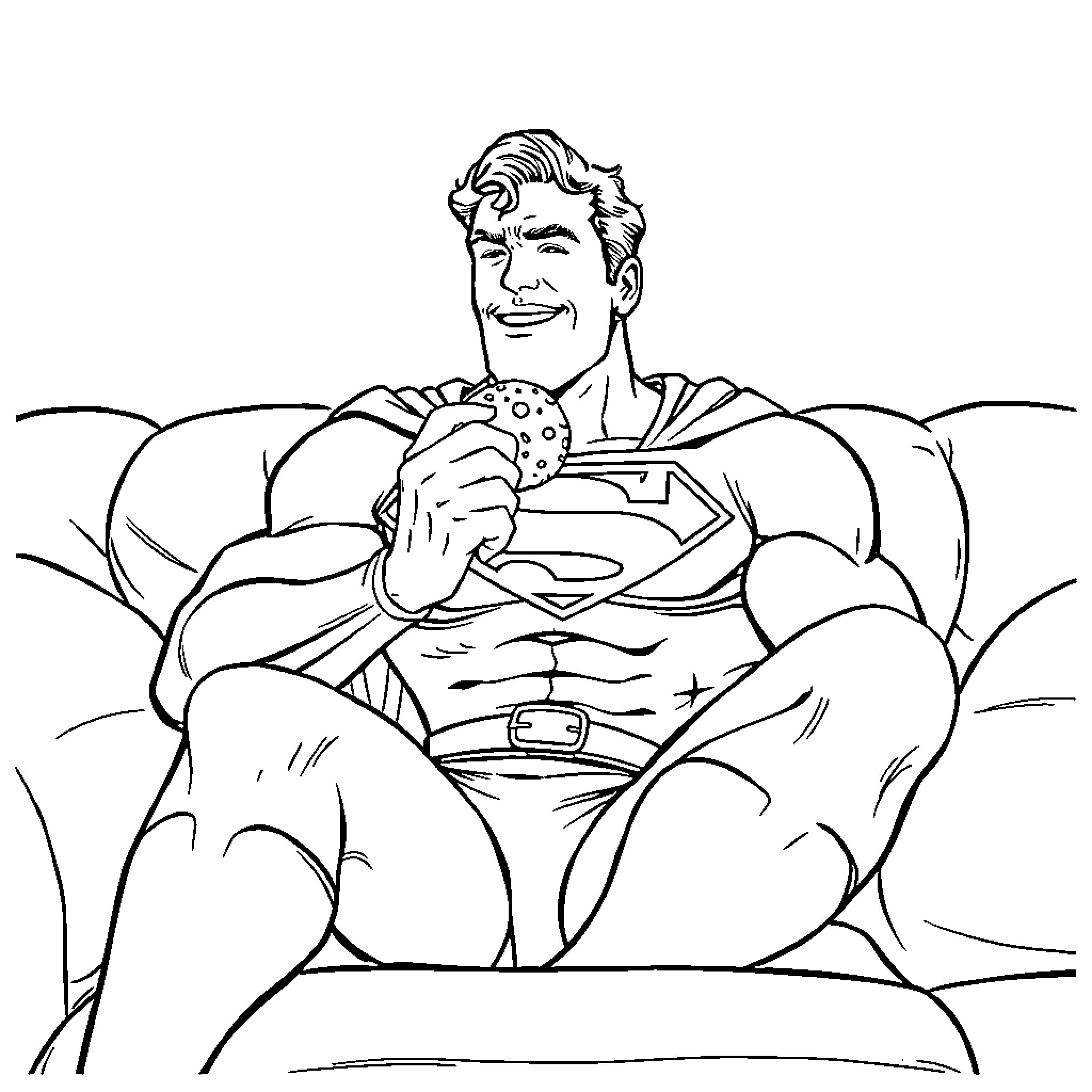 Superman relaxing on the couch Coloring Page (free black-and-white line drawing printable PDF for all, from beginners to advanced learners, including children, teens, adults, and seniors)